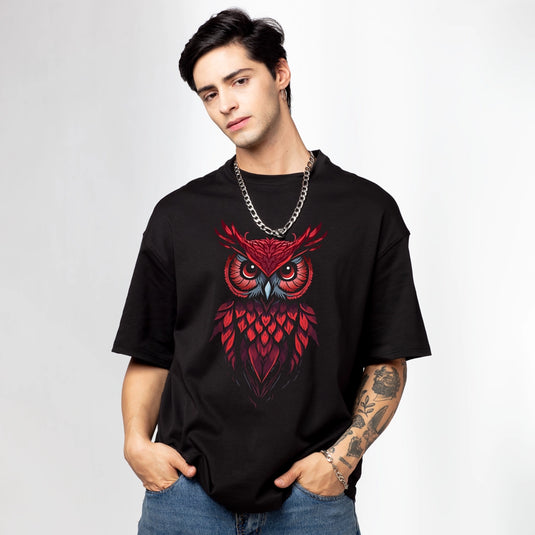 Owl Men's Black Oversized Graphic Printed T-Shirt