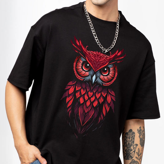 Owl Men's Black Oversized Graphic Printed T-Shirt