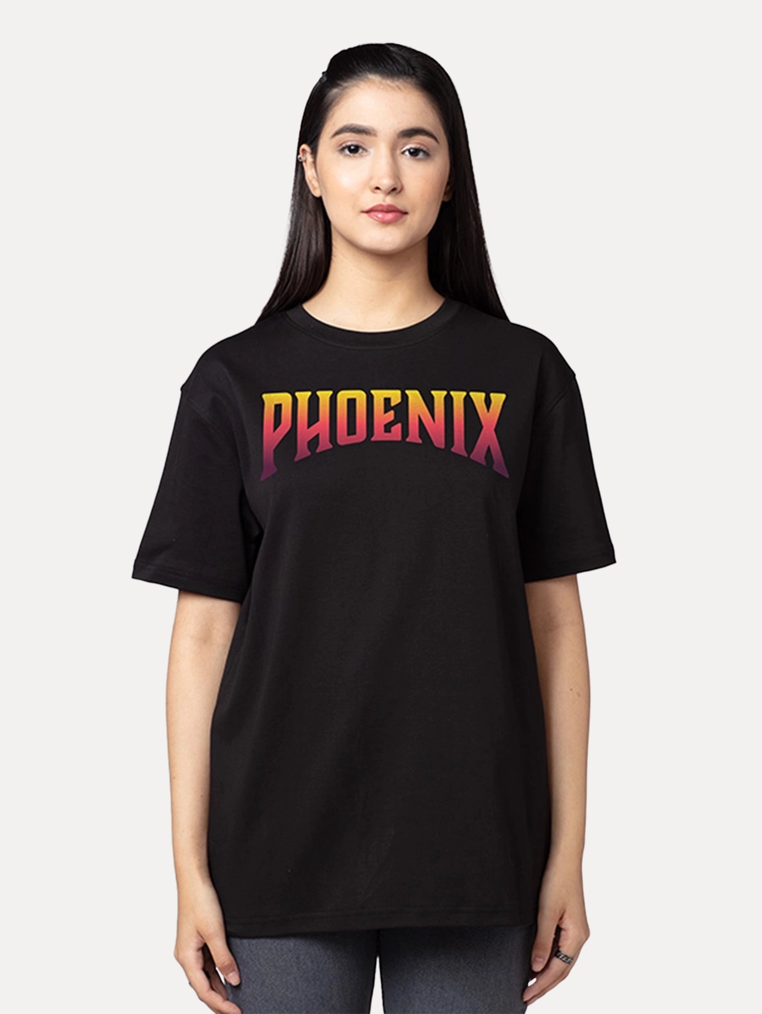 Phoenix Wings Black Oversized Graphic Printed Tee for Women