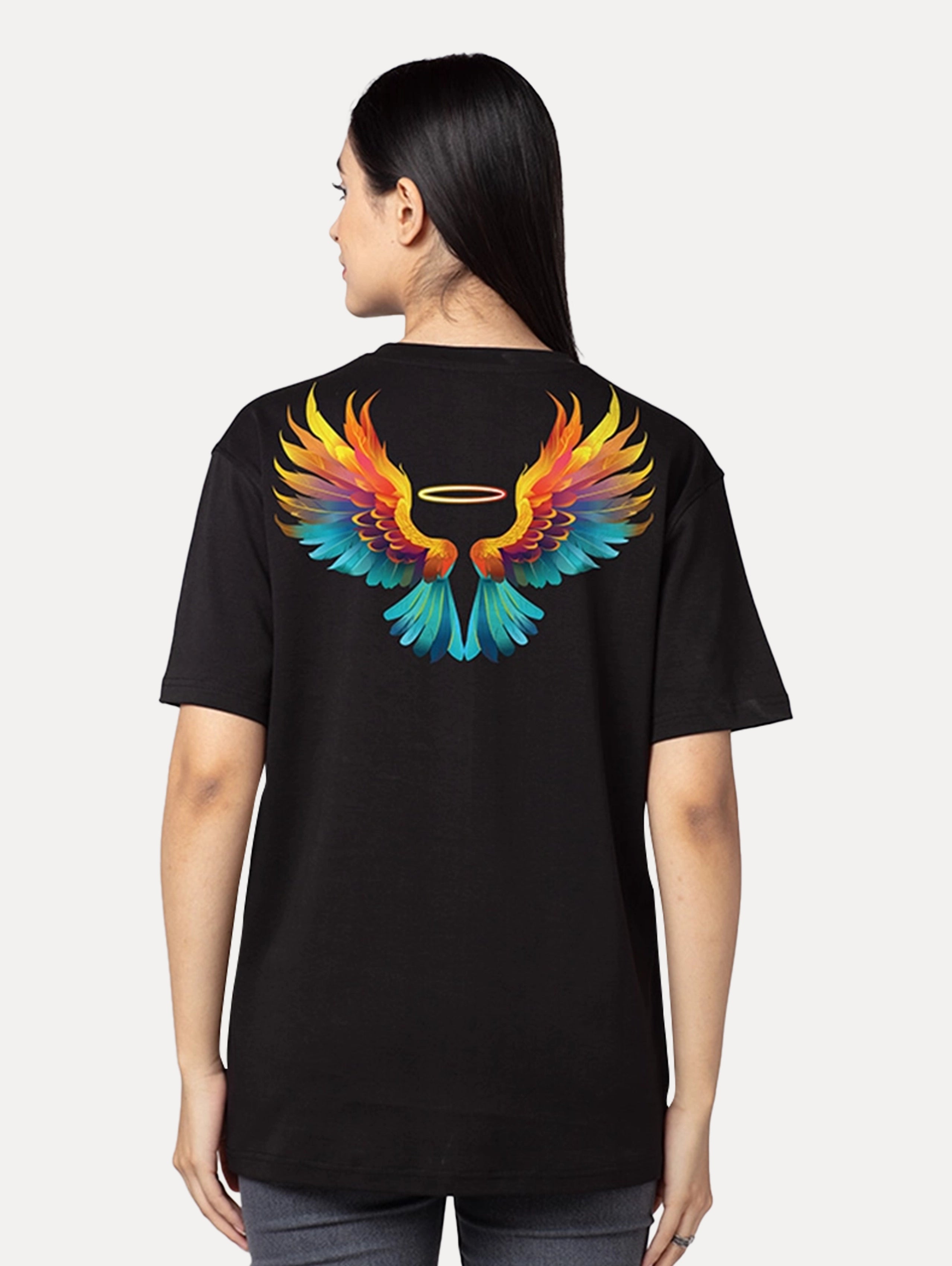 Phoenix Wings Black Oversized Graphic Printed Tee for Women