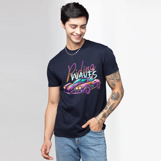 Riding Waves Navy Blue Men's Graphic Printed T-Shirt