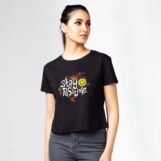 Stay Positive Black Graphic Printed Tops for Women
