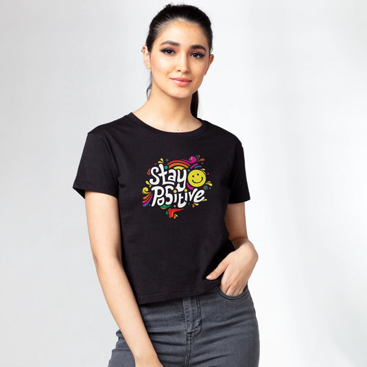 Stay Positive Black Graphic Printed Tops for Women