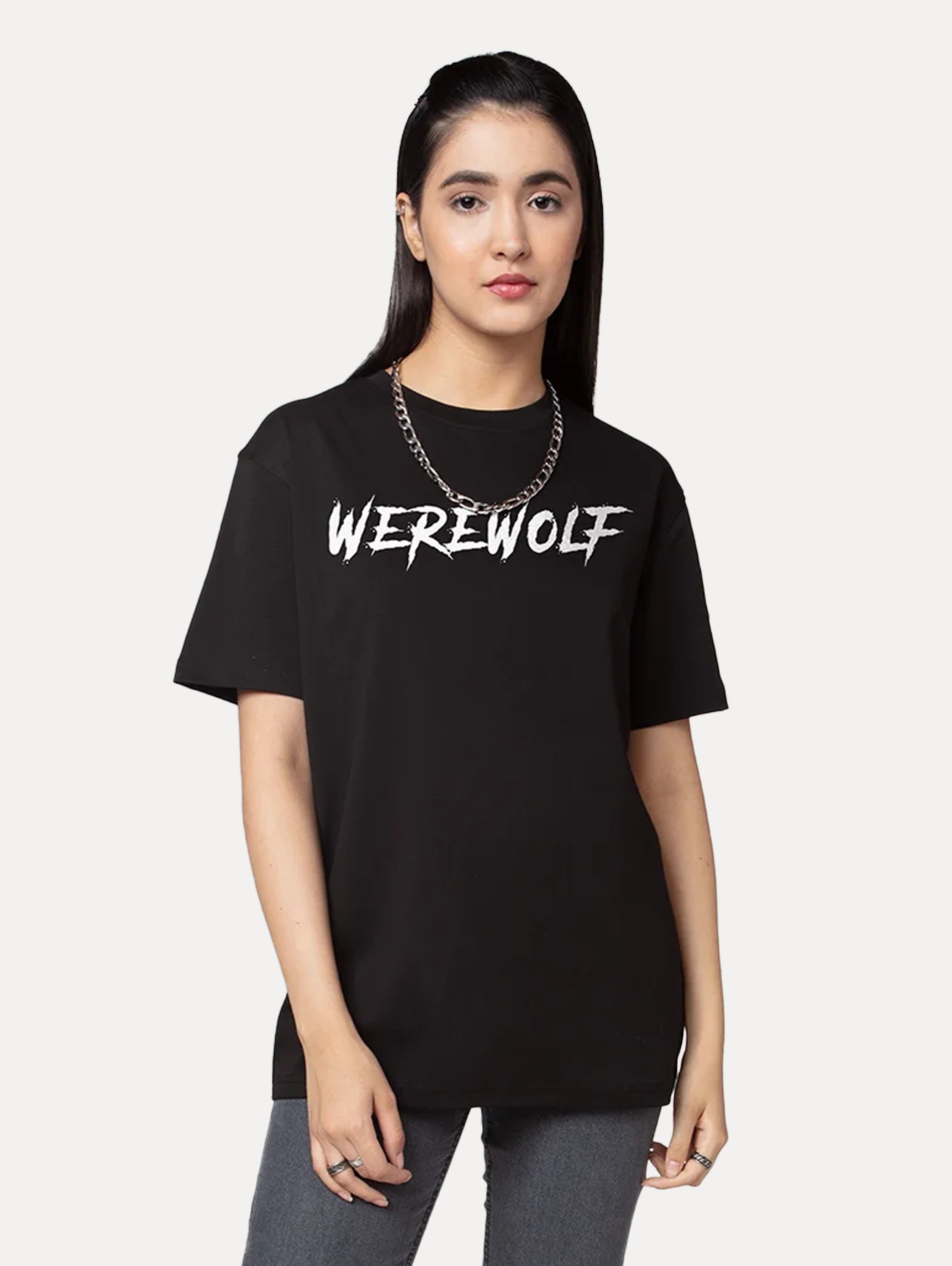 WereWolf Women Black Oversized Graphic Printed T-Shirts