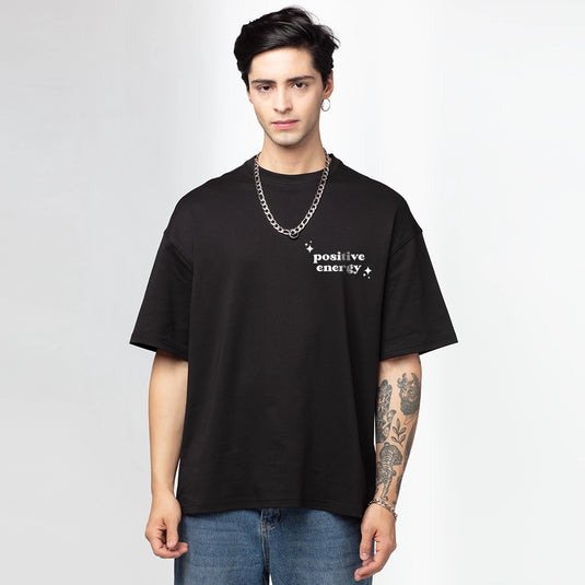 White Dalliya Splitter Printed Oversized Black T-Shirt for Men