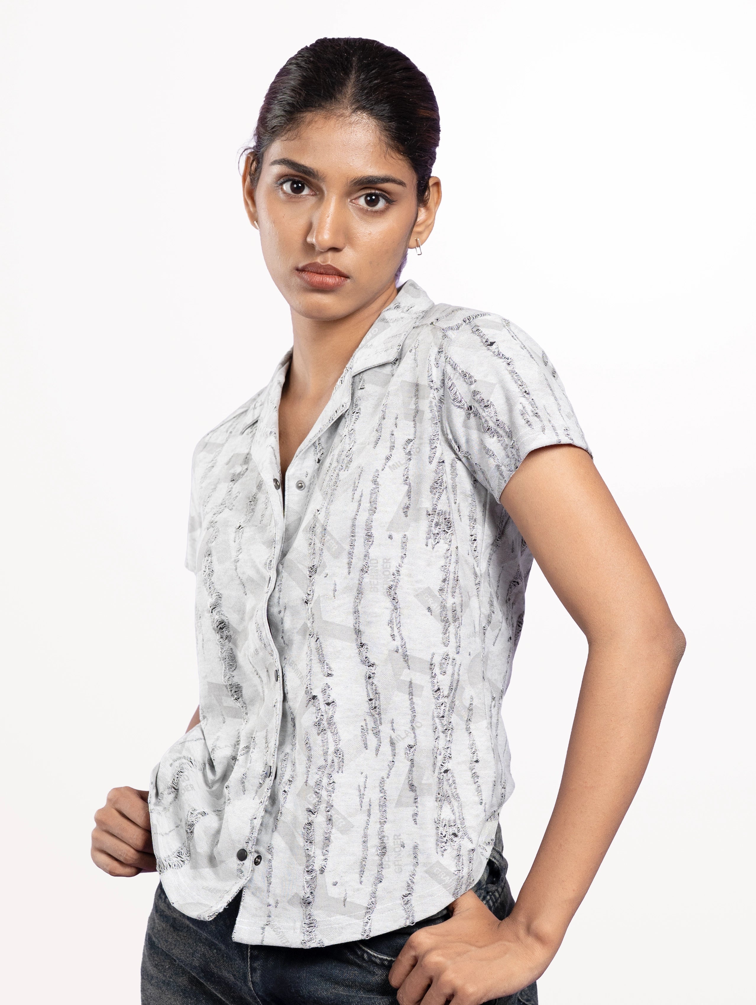 Women's Rugs Printed Cuban Collar Shirt - Grey