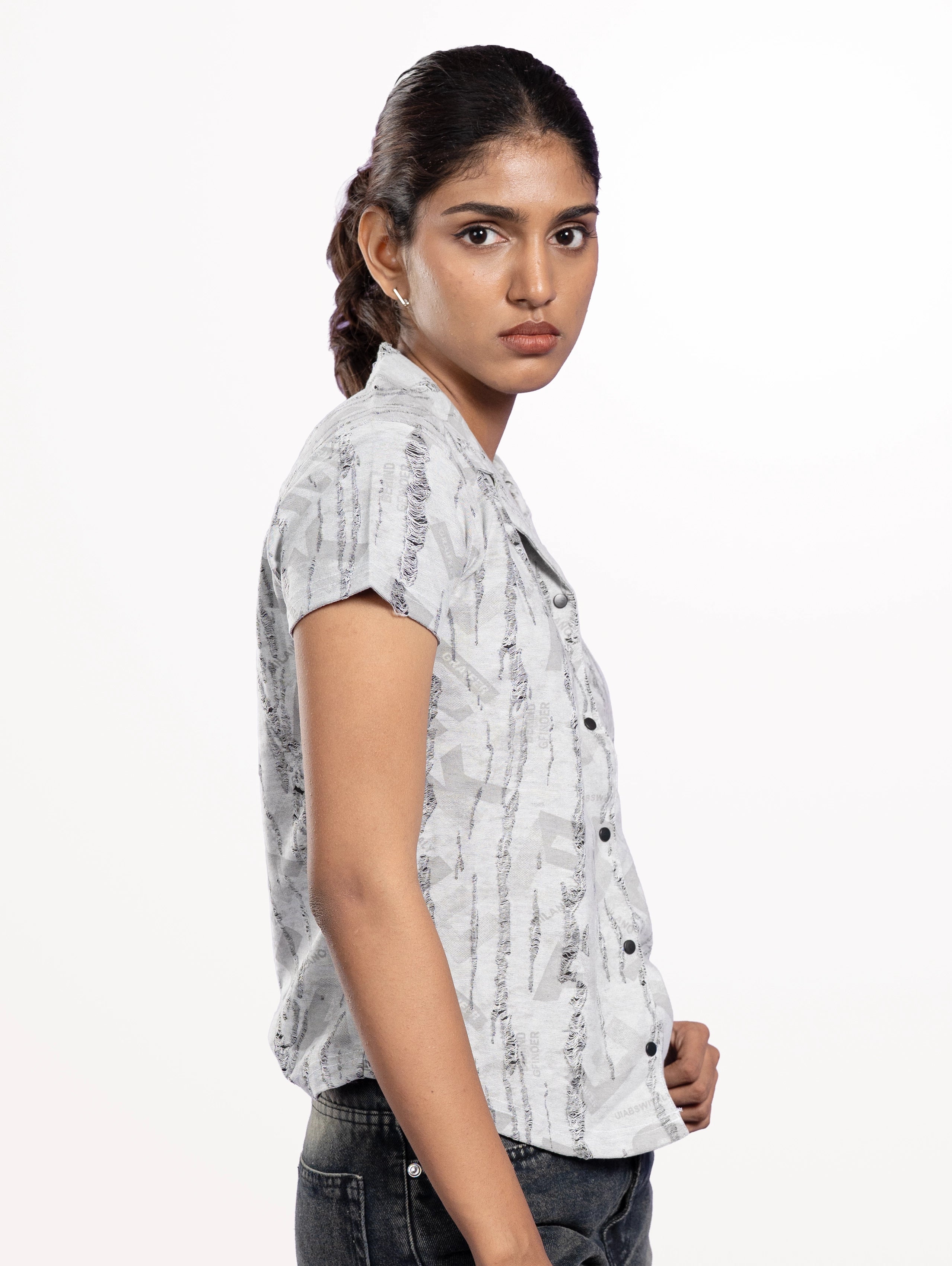 Women's Rugs Printed Cuban Collar Shirt - Grey