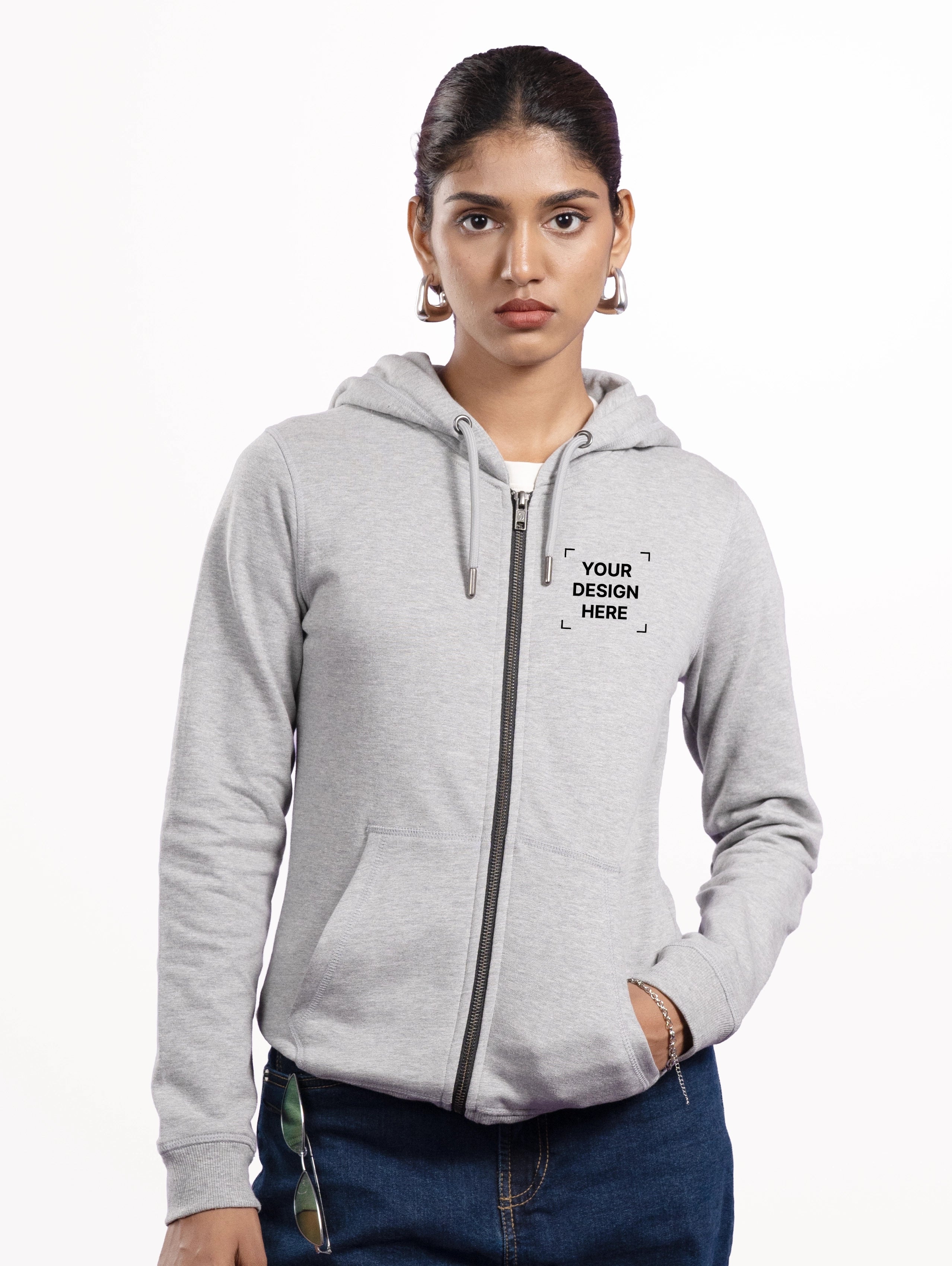 Women's Cotton Zipper Hoodie - Grey Melange