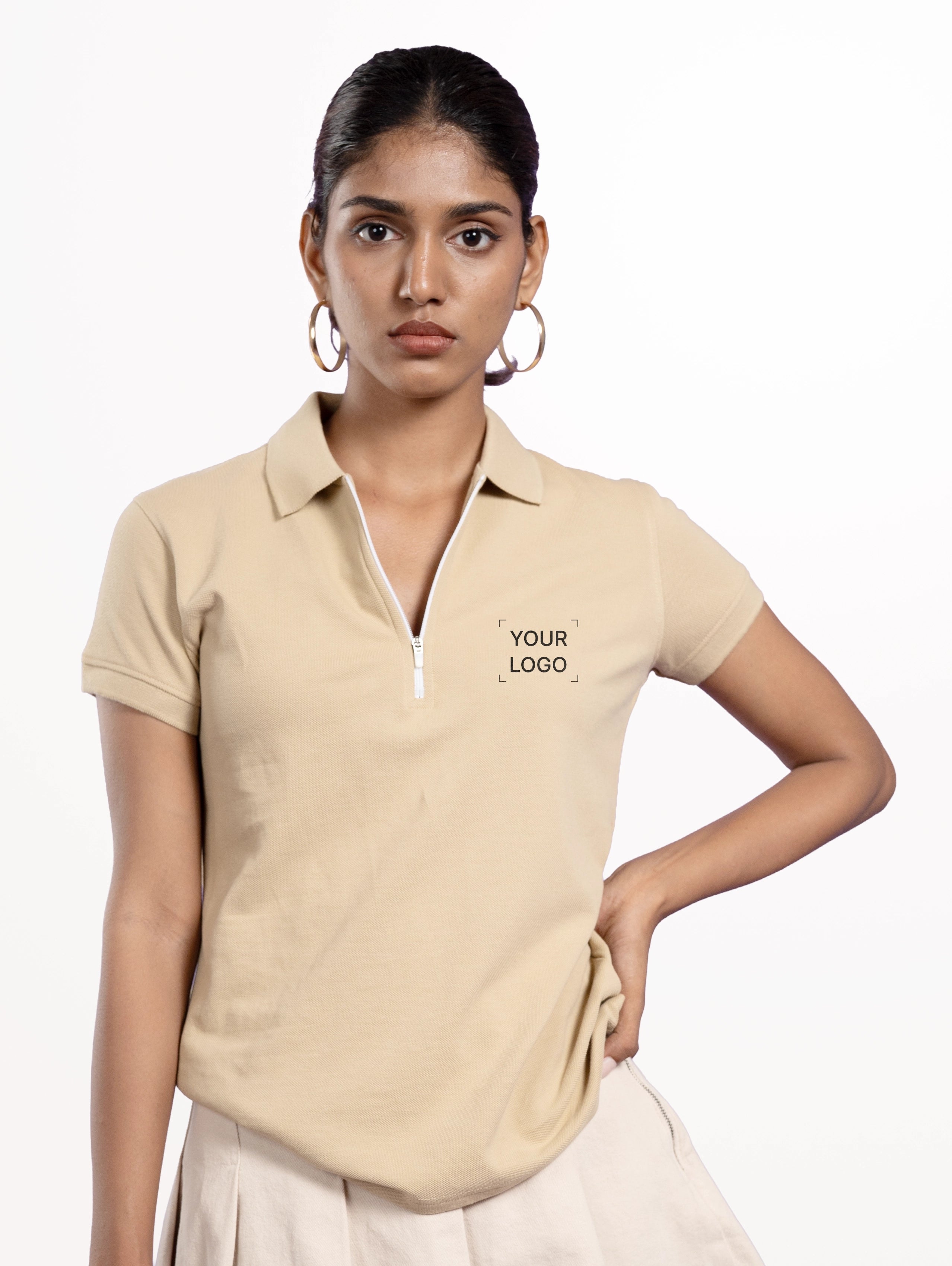 Women's Cotton Zipper Polo - Skin