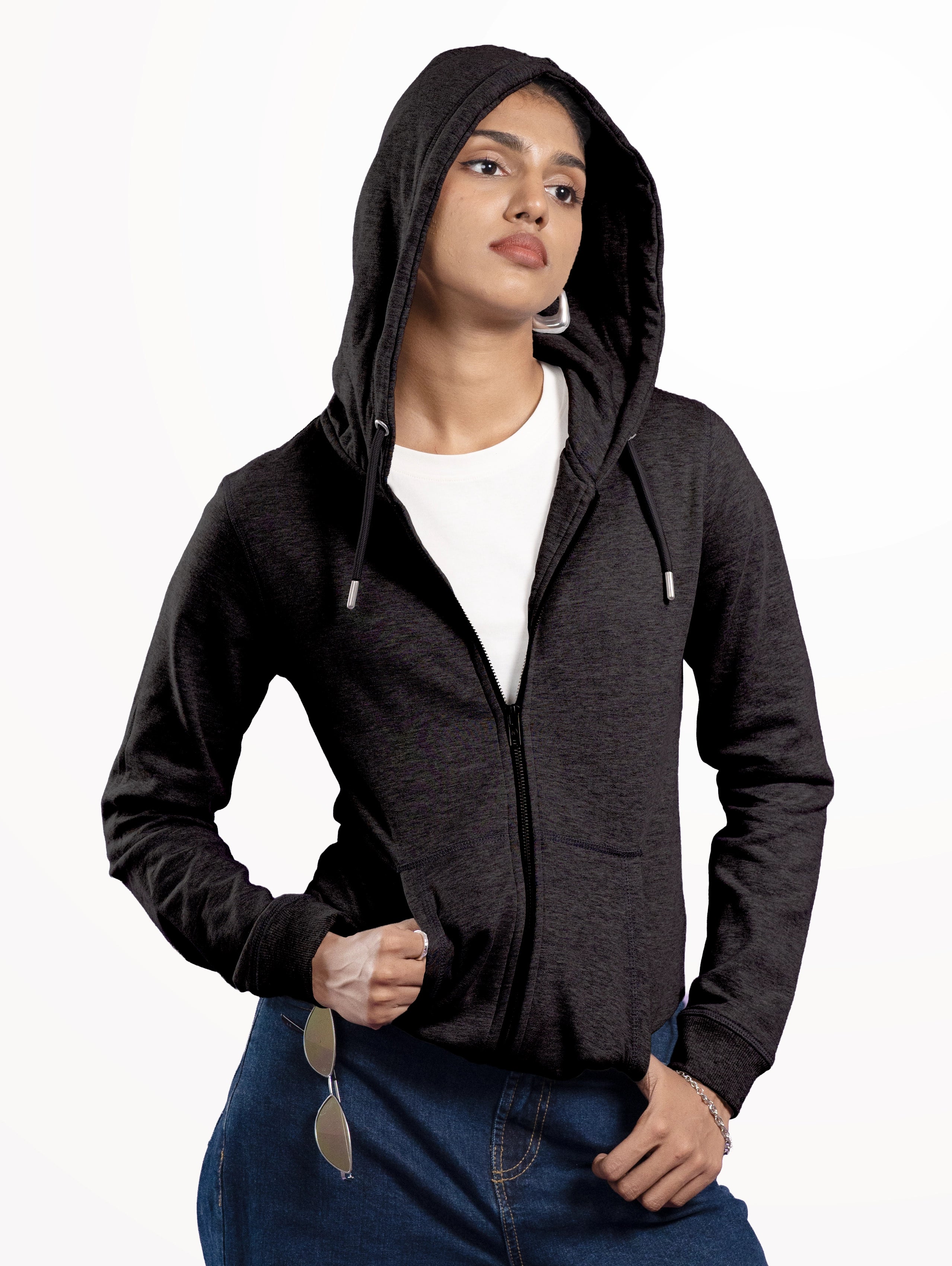 Women's Cotton Zipper Hoodie - Black