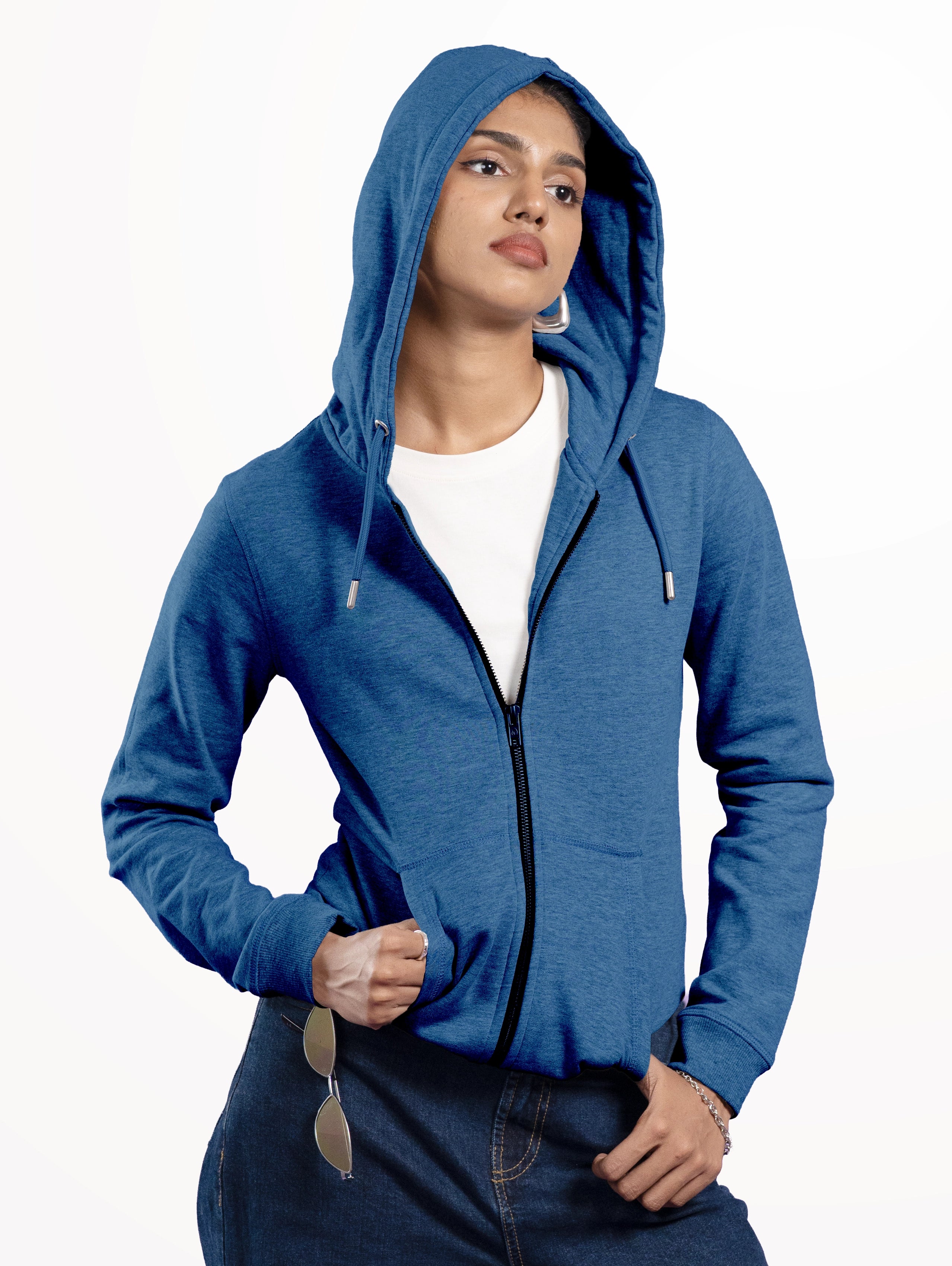 Women's Cotton Zipper Hoodie - Diesel Blue