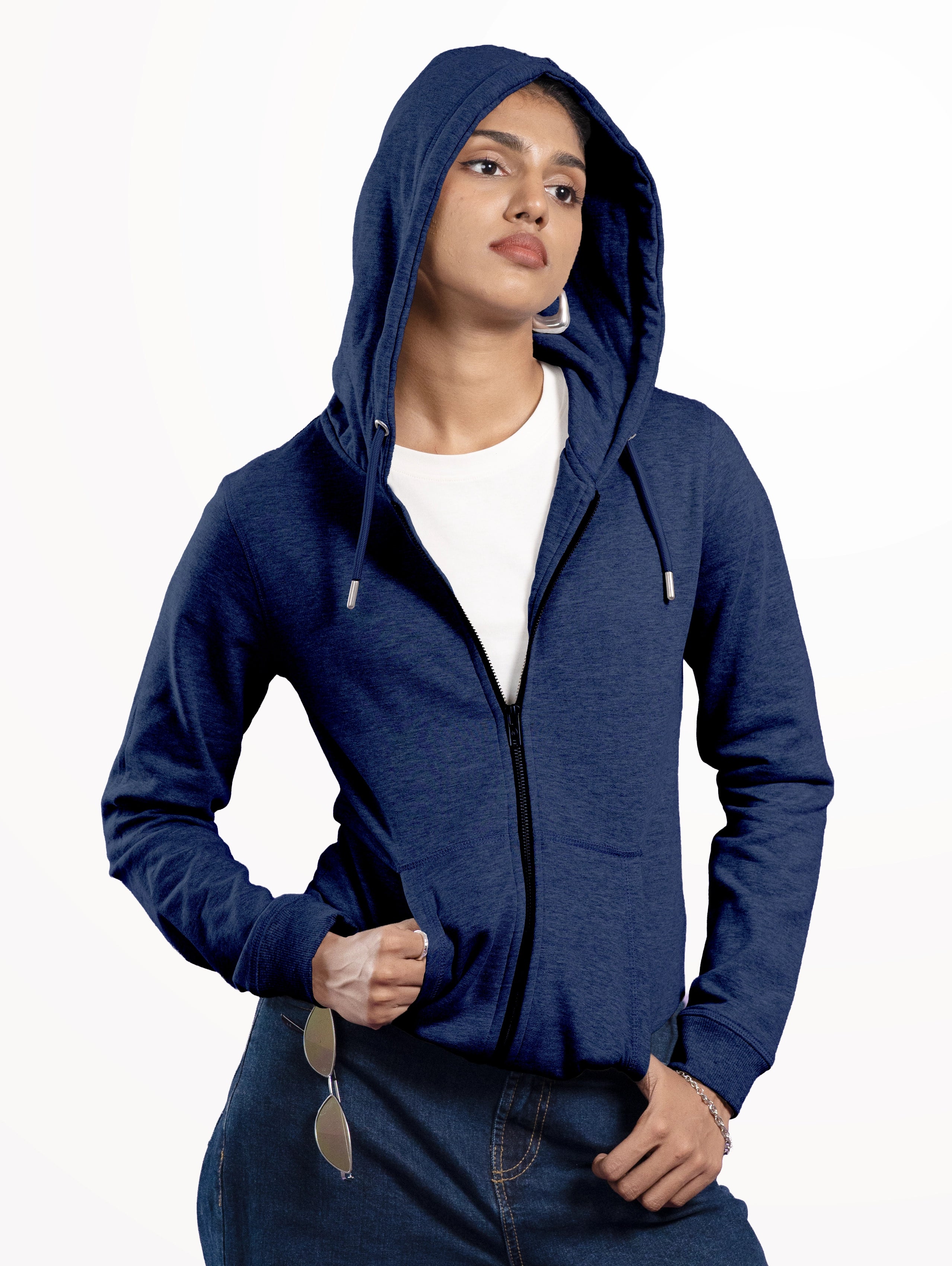 Women's Cotton Zipper Hoodie - Navy