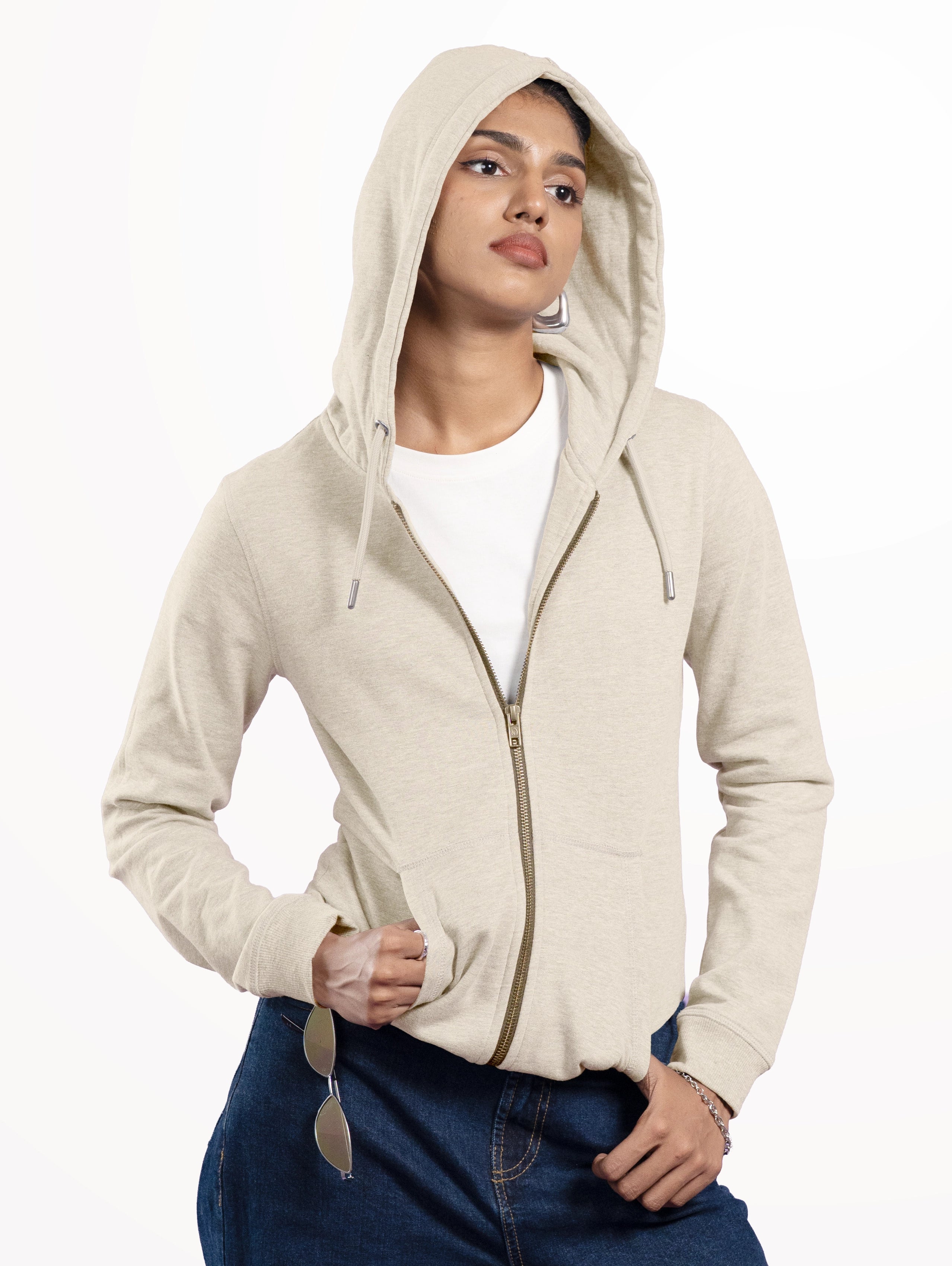 Women's Cotton Zipper Hoodie - Off White