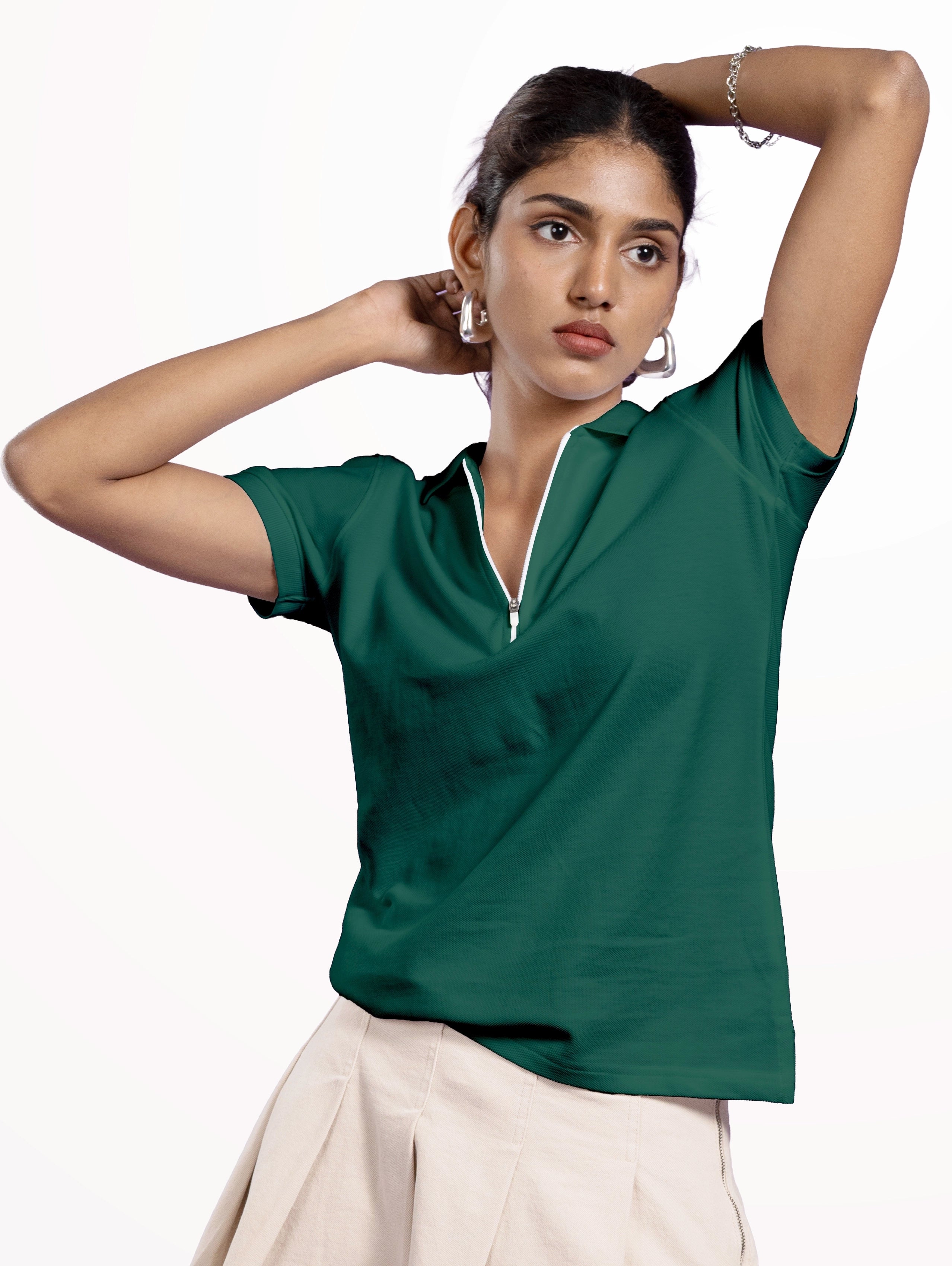 Women's Cotton Zipper Polo - Bottle Green