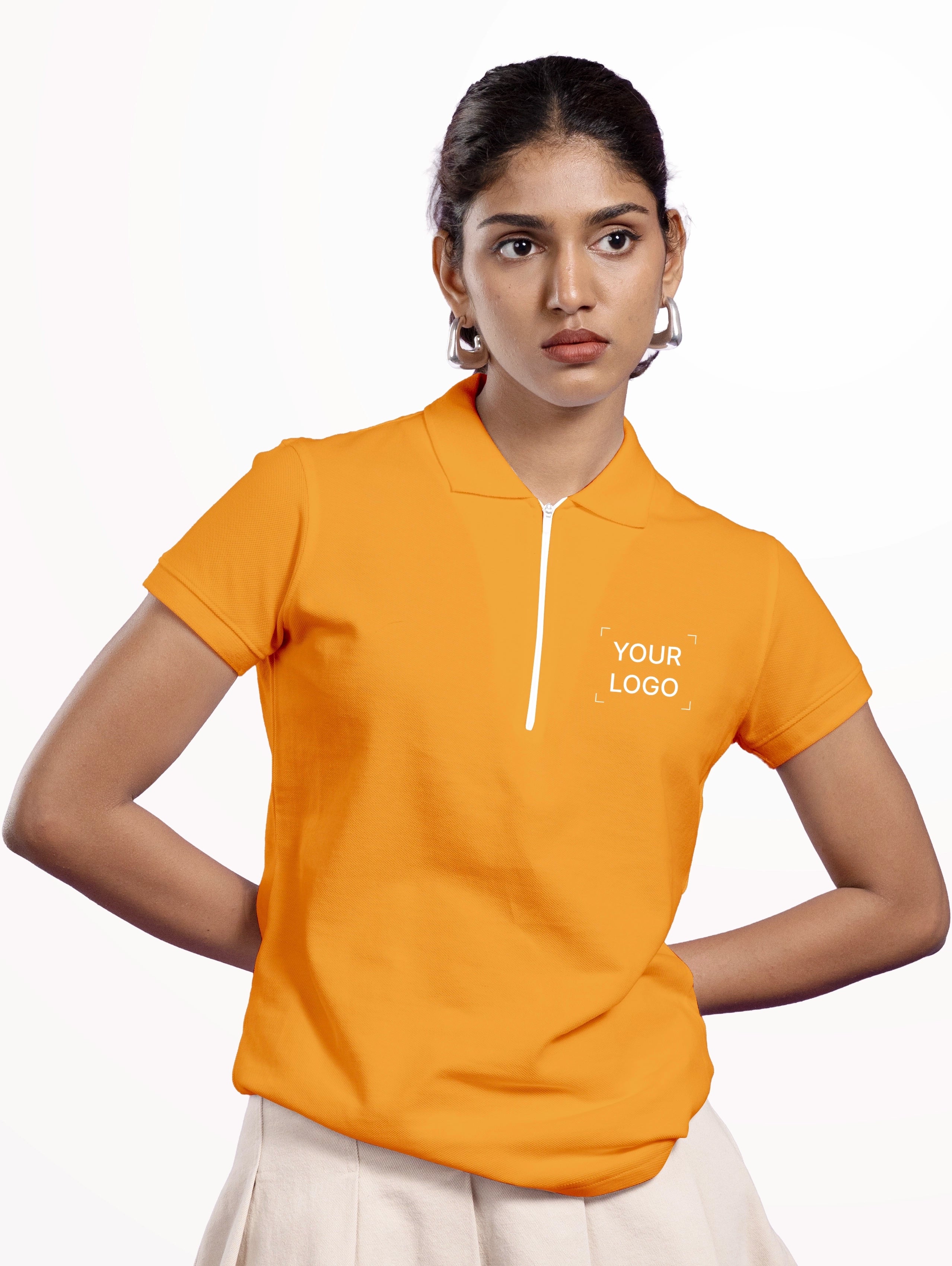 Women's Cotton Zipper Polo - Mustard Yellow