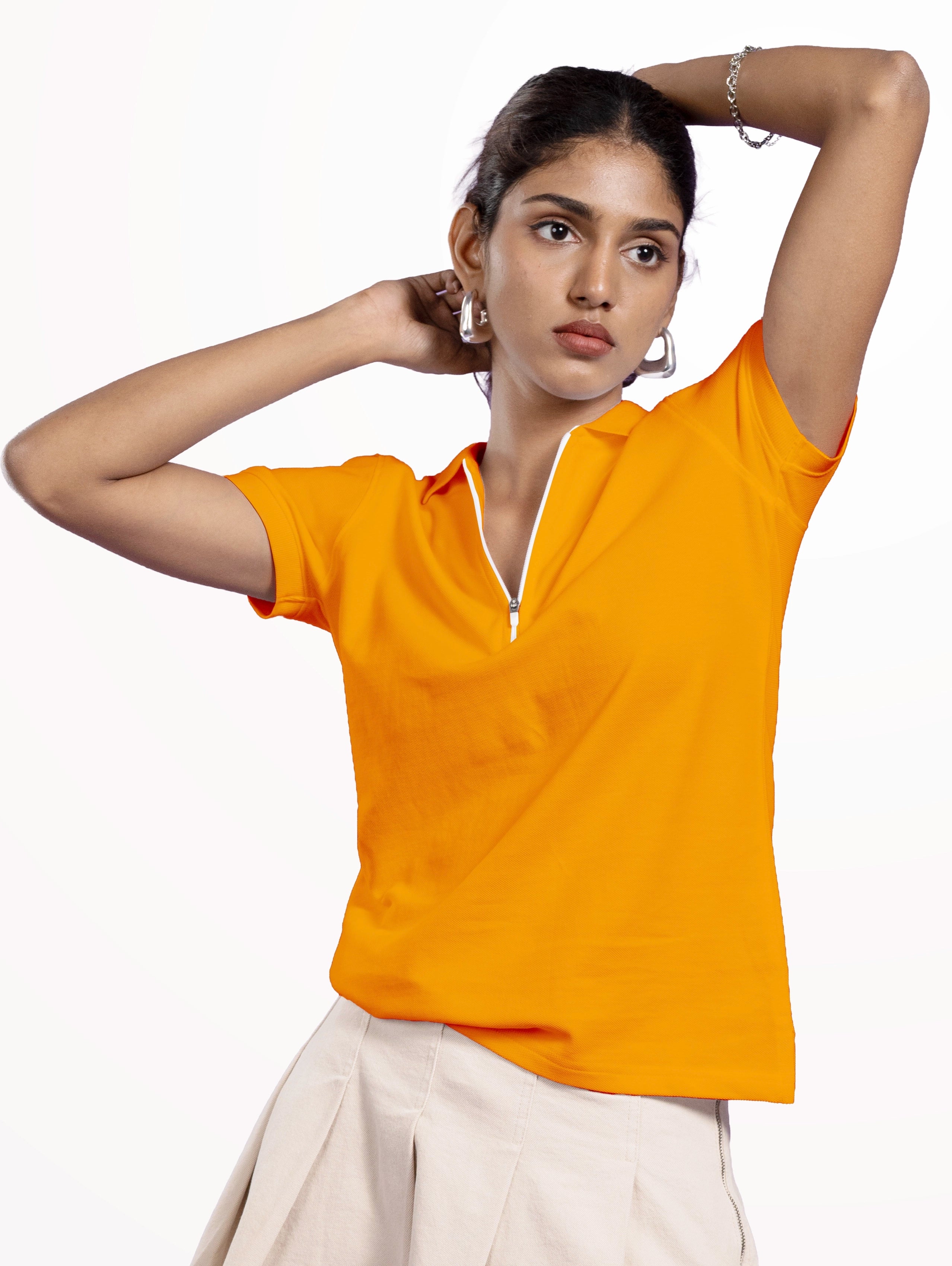 Women's Cotton Zipper Polo - Mustard Yellow