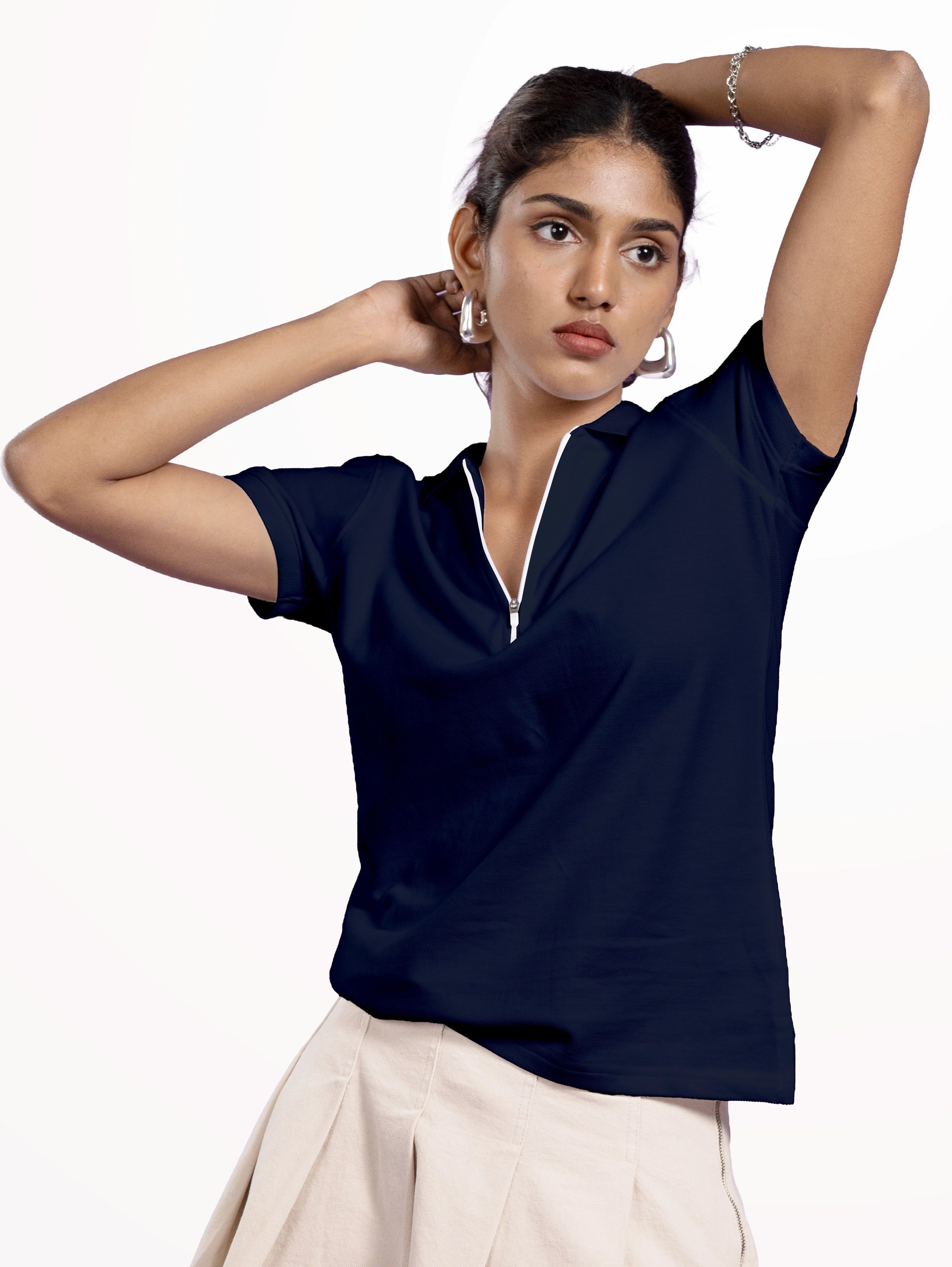 Women's Cotton Zipper Polo - Navy