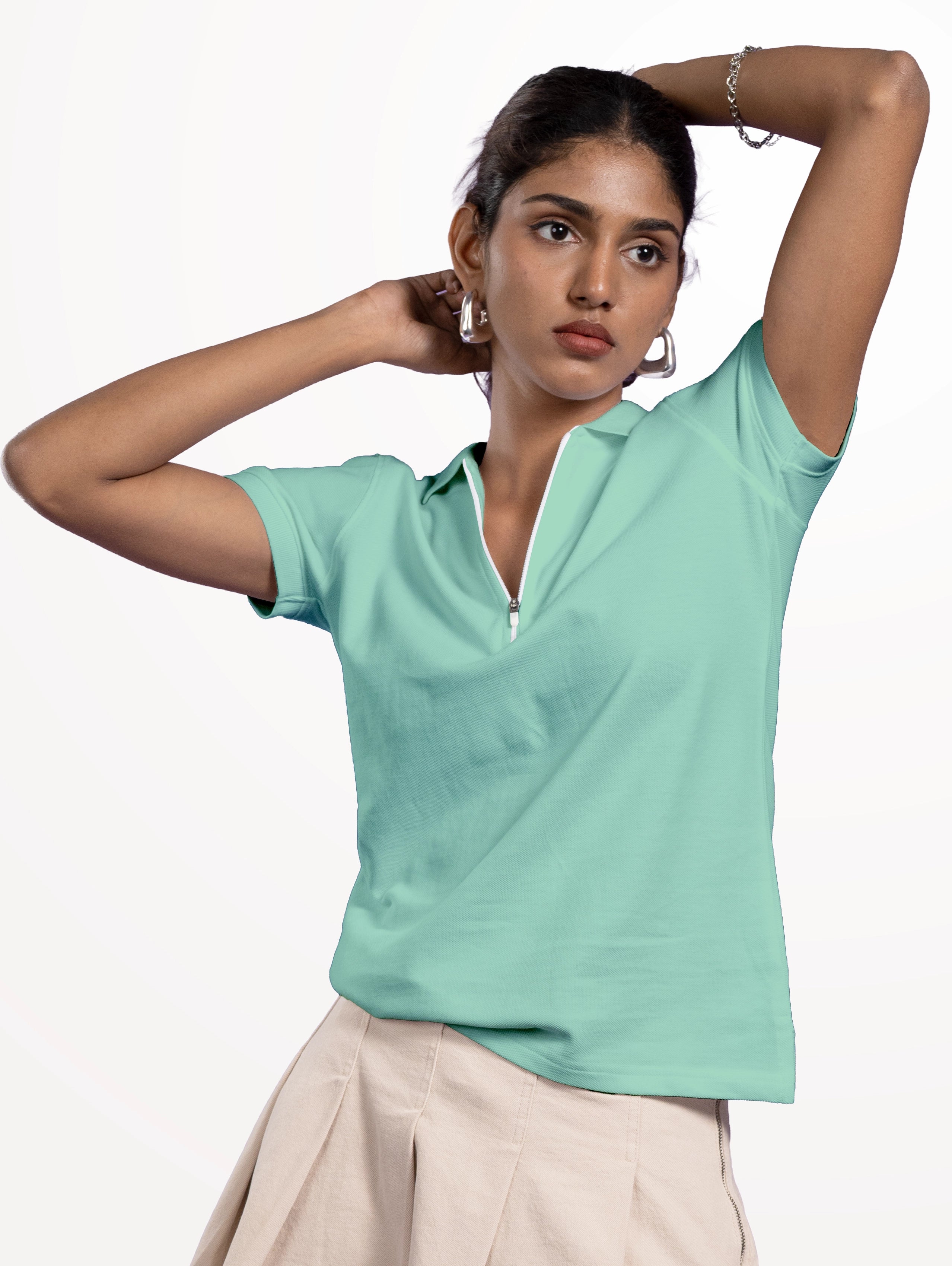Women's Cotton Zipper Polo - Pista Green