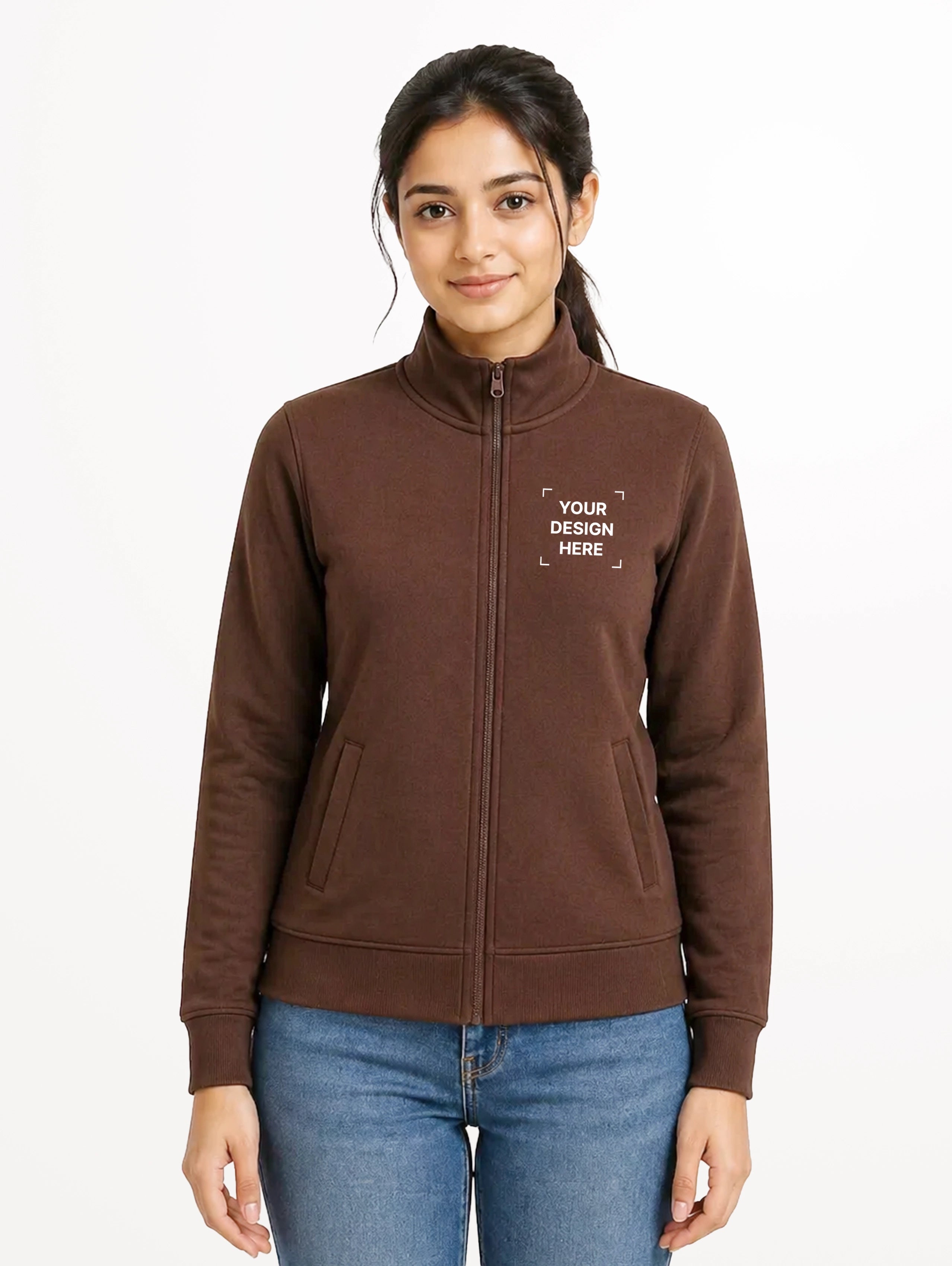 Women's High Neck French Terry Full Sleeve Jacket - Brown
