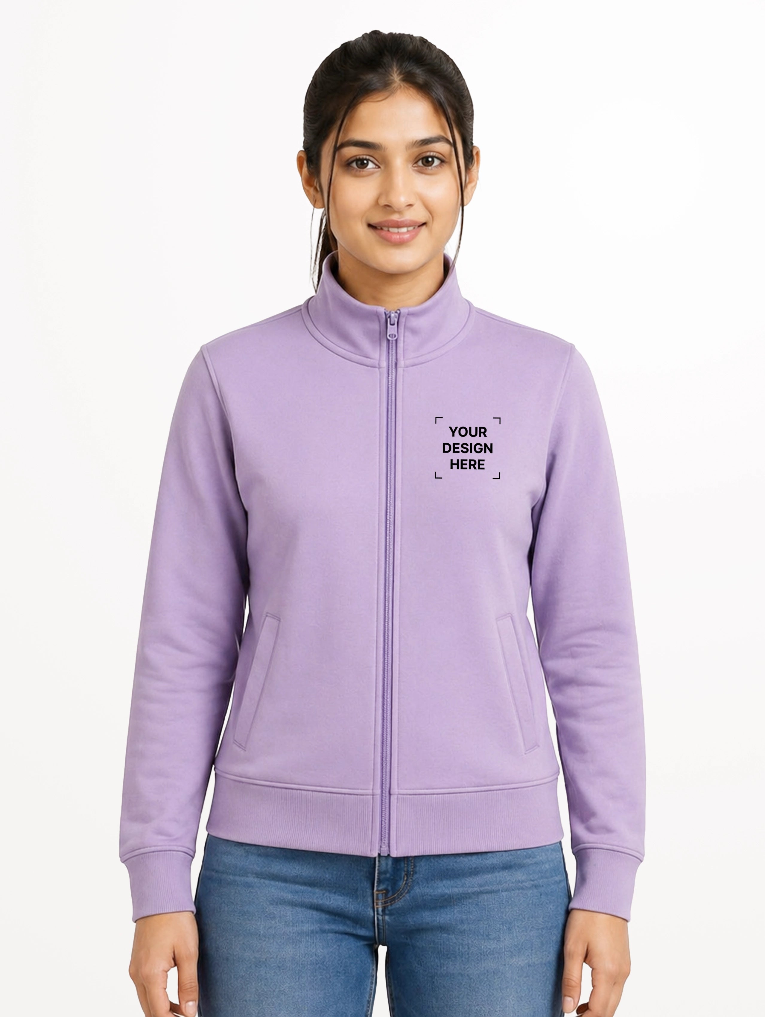 Women's High Neck French Terry Full Sleeve Jacket - Lavender