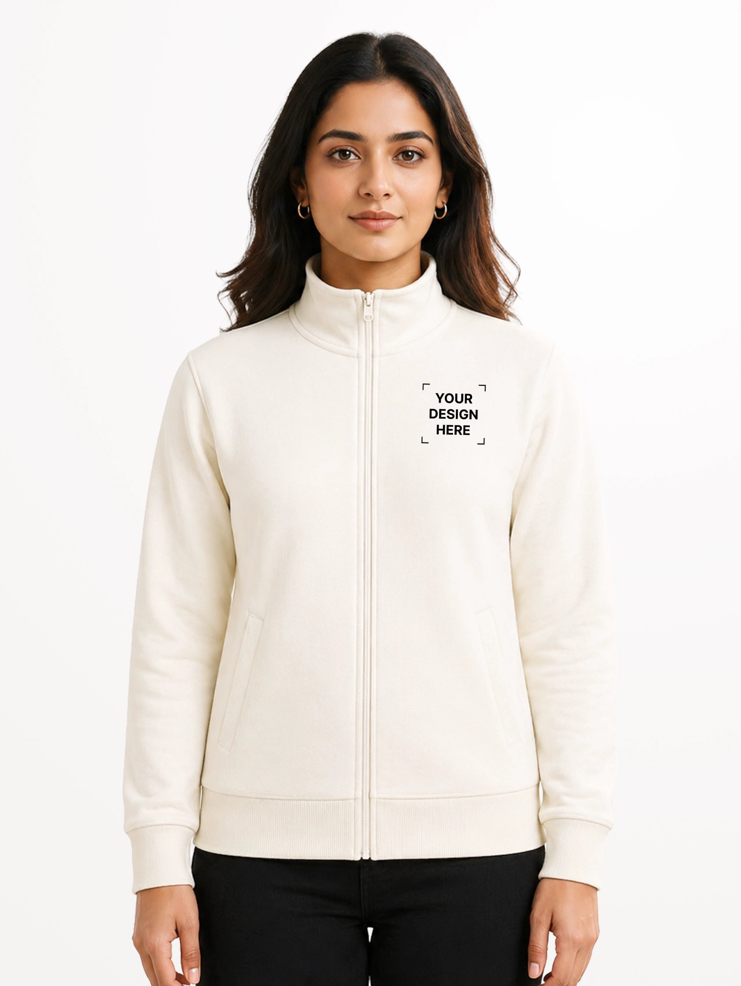 Women's High Neck French Terry Full Sleeve Jacket - Off White