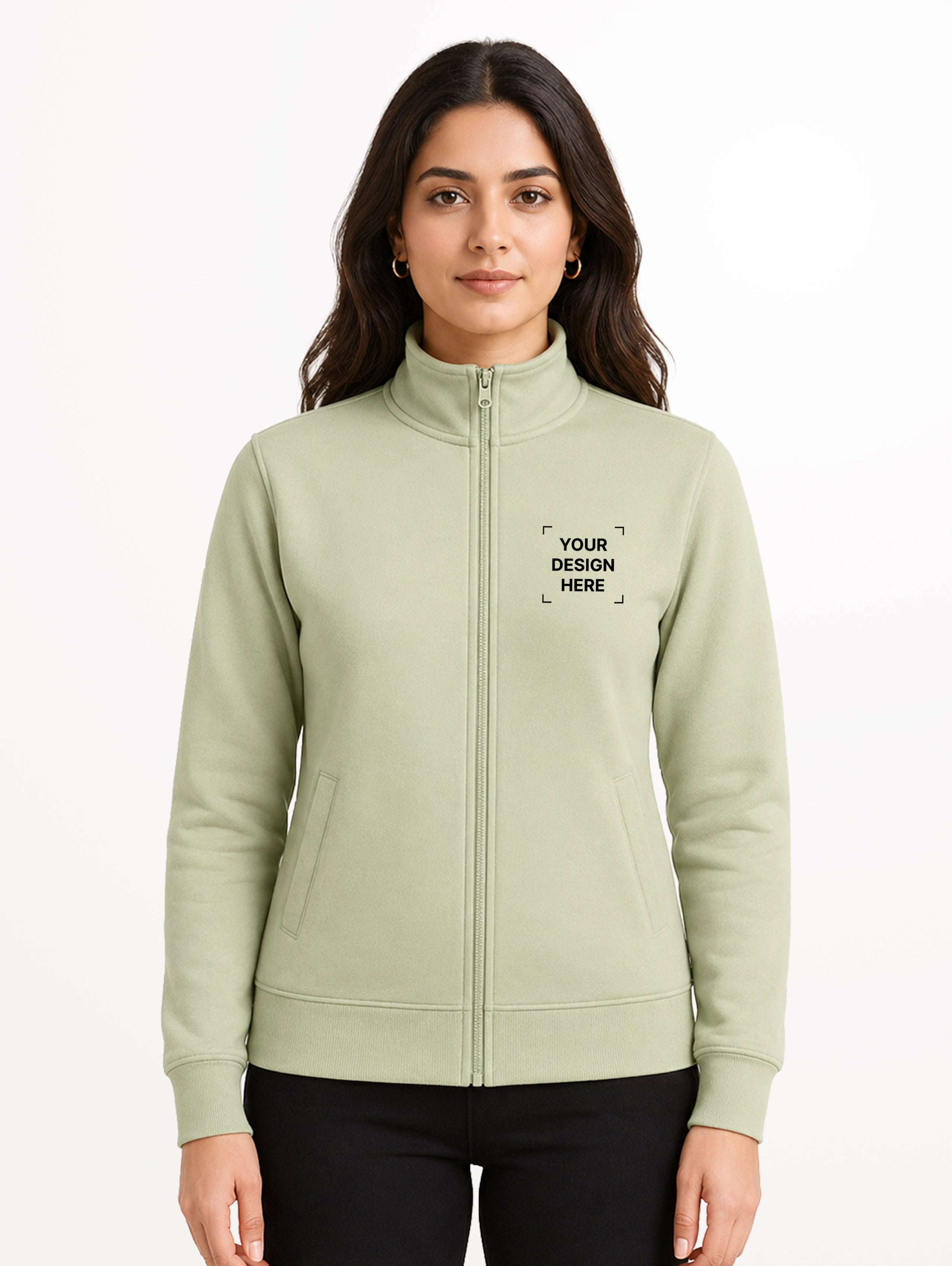 Women's High Neck French Terry Full Sleeve Jacket - Pista