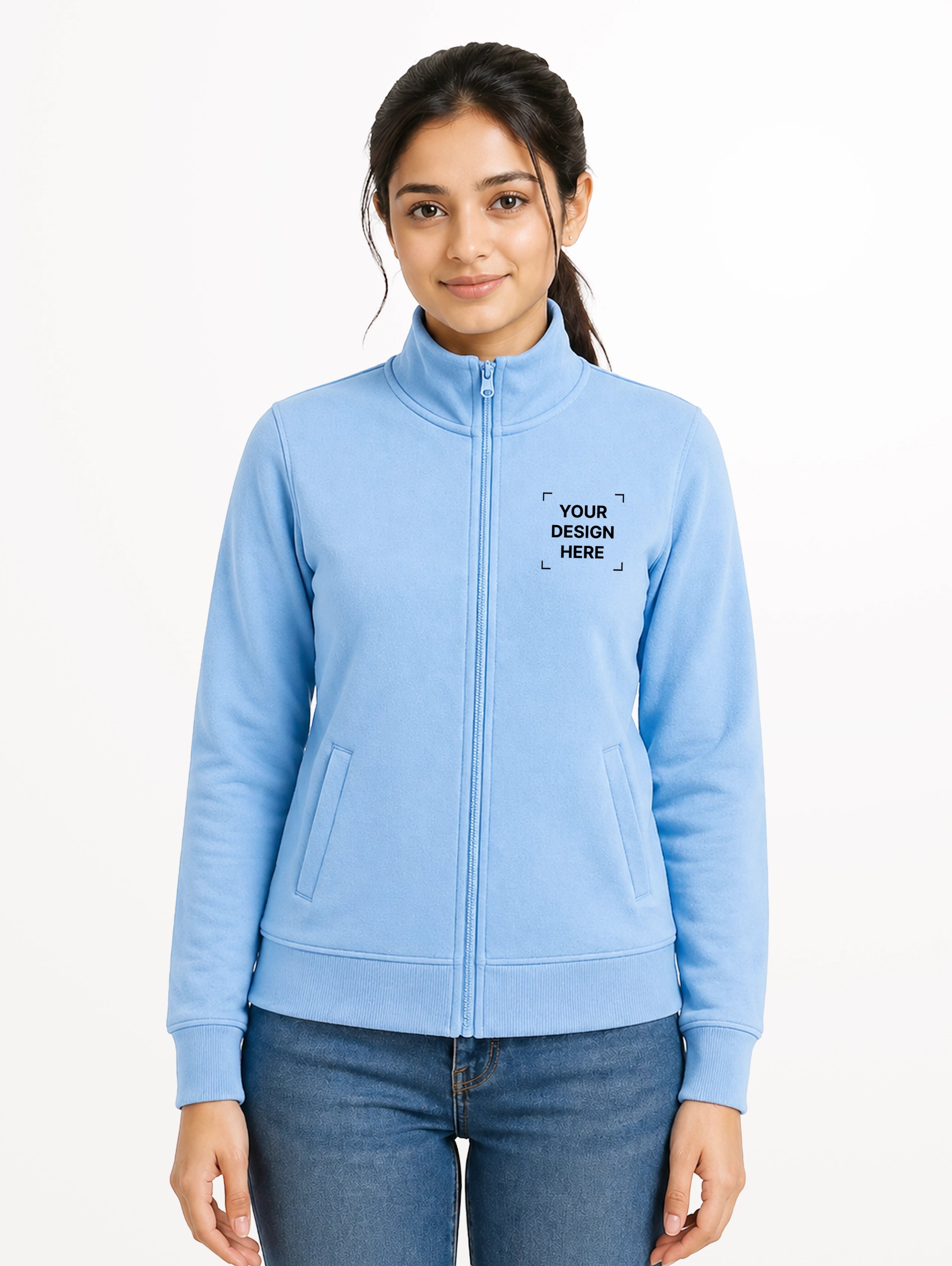 Women's High Neck French Terry Full Sleeve Jacket - Sky Blue