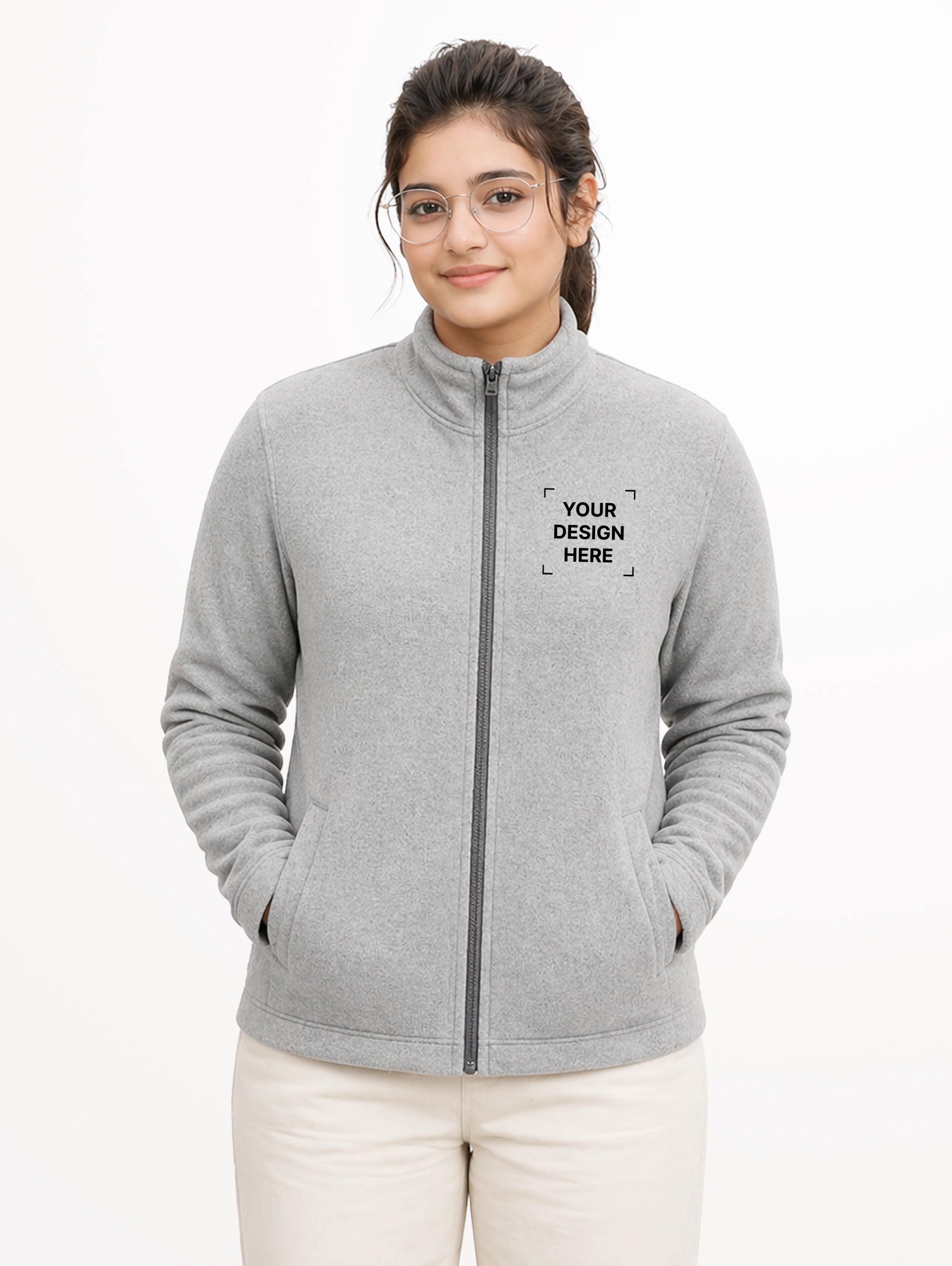 Women's High Neck Zip-Up Full Sleeve Jacket - Grey Melange