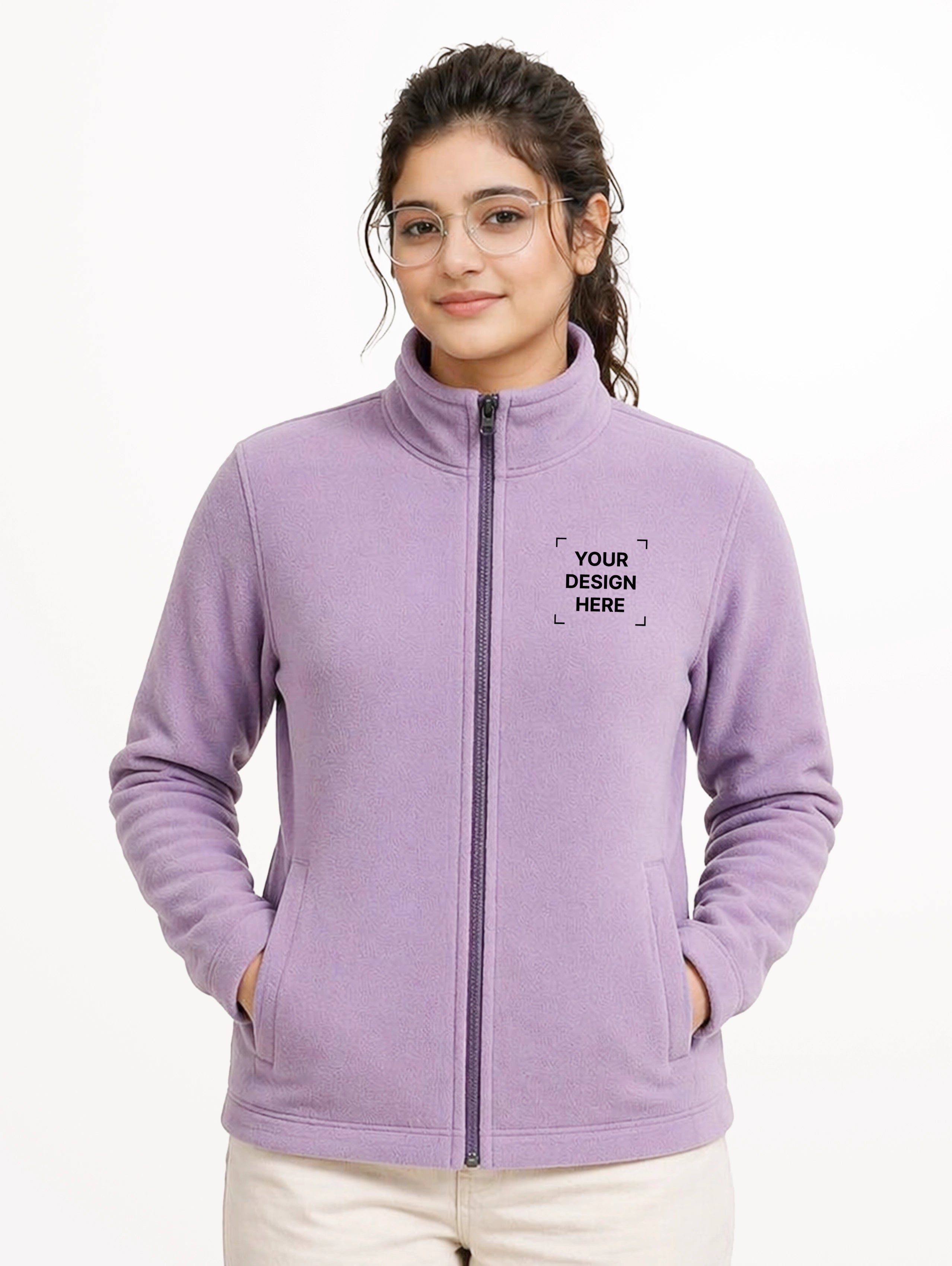 Women's High Neck Zip-Up Full Sleeve Jacket - Lavender