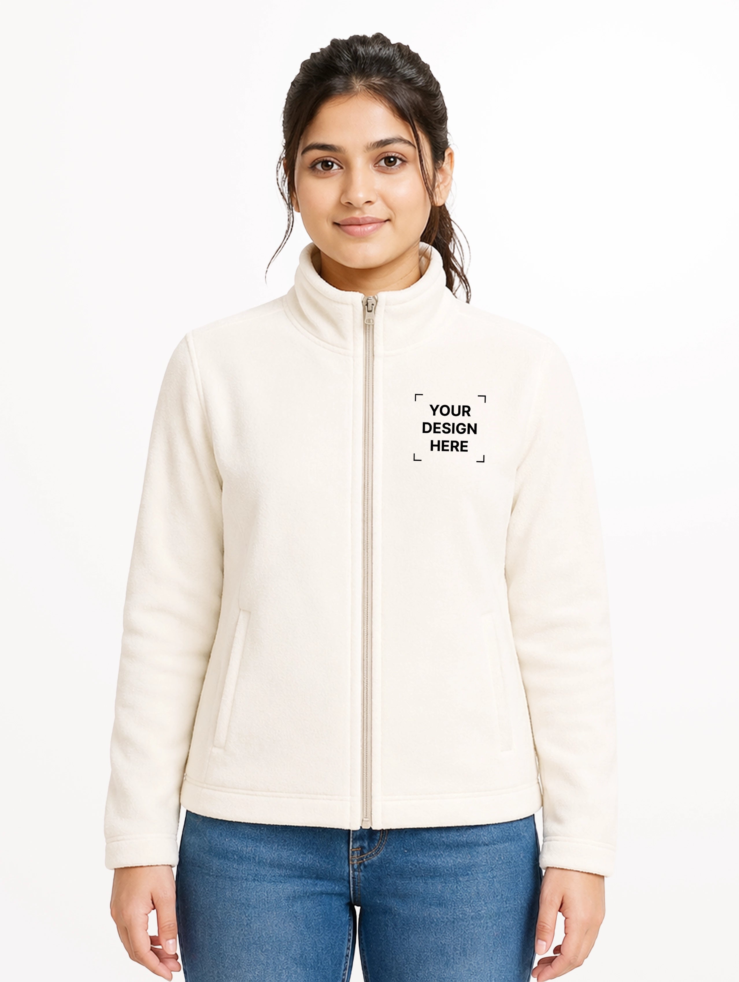 Women's High Neck Zip-Up Full Sleeve Jacket - Off White