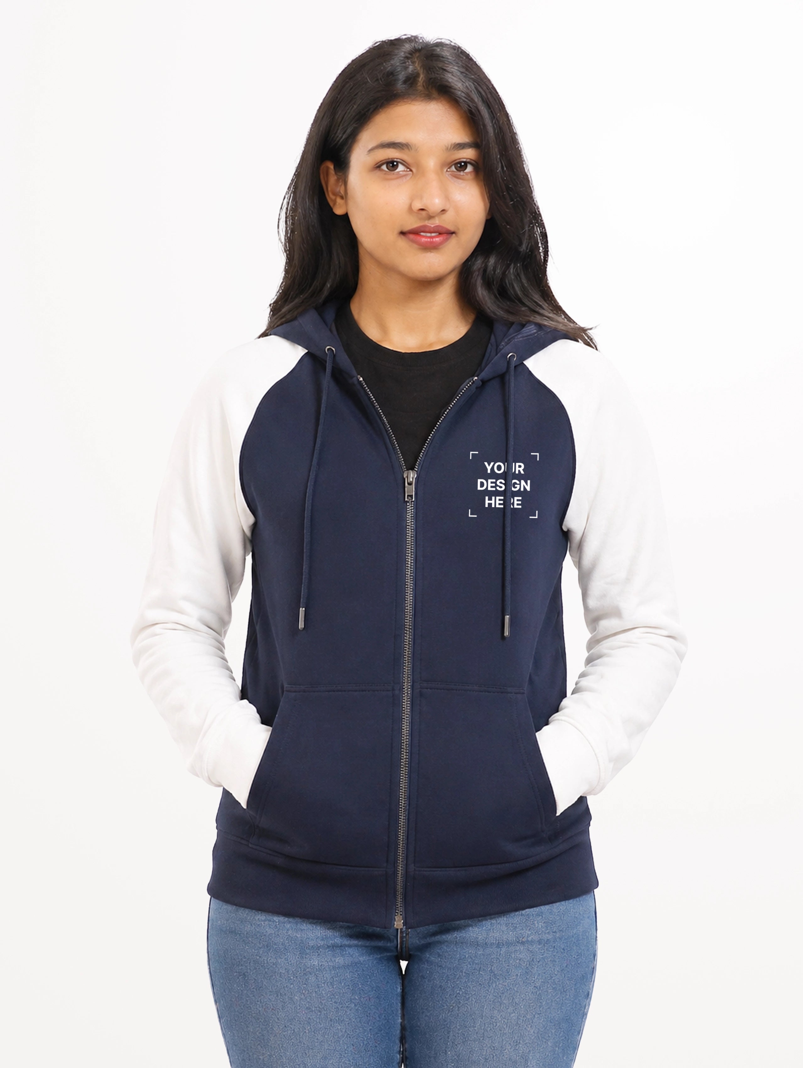 Women's Raglan Sleeve Blend Zipper Hoodie - Navy Blue