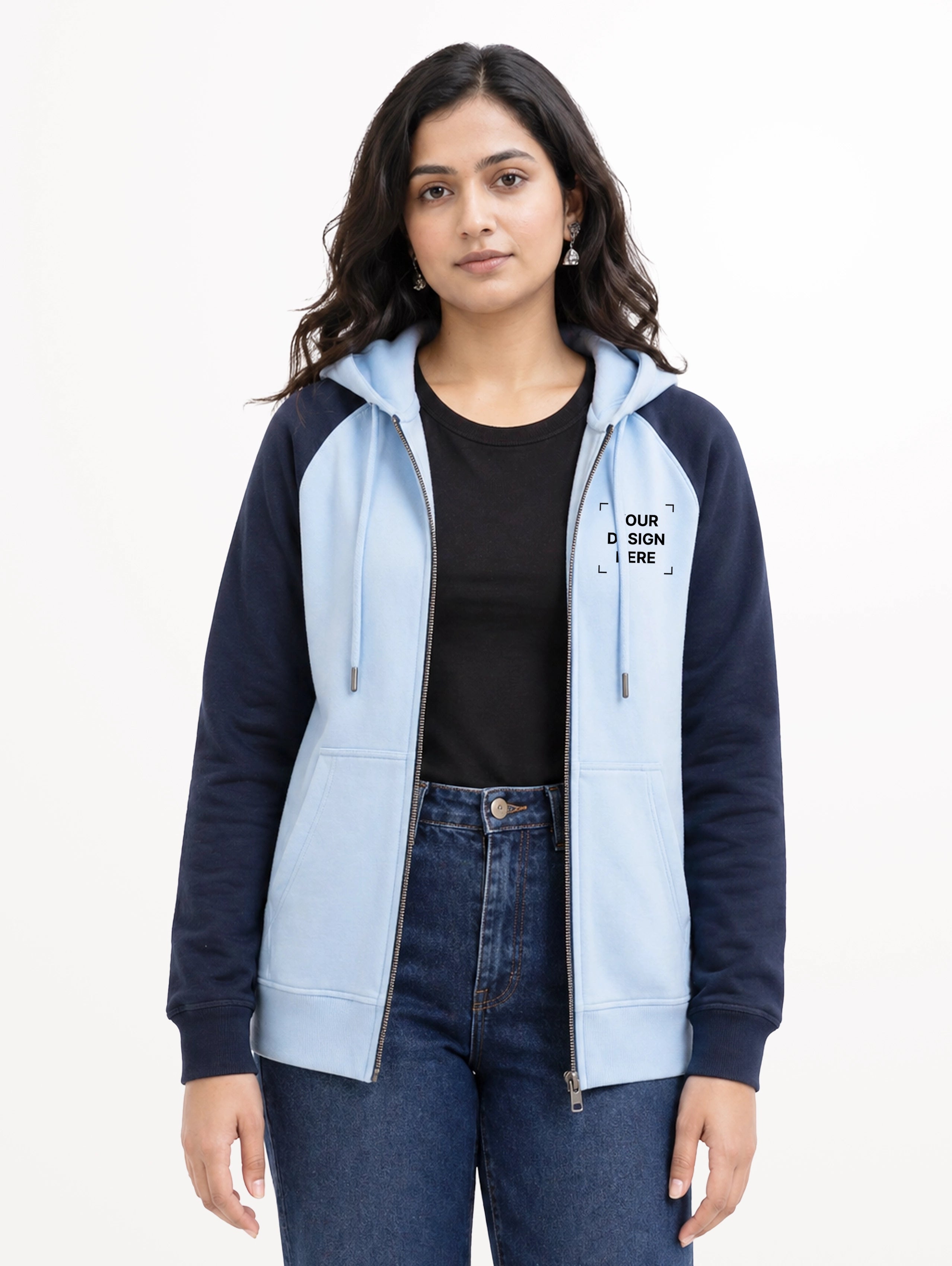 Women's Raglan Sleeve Blend Zipper Hoodie - Sky Blue