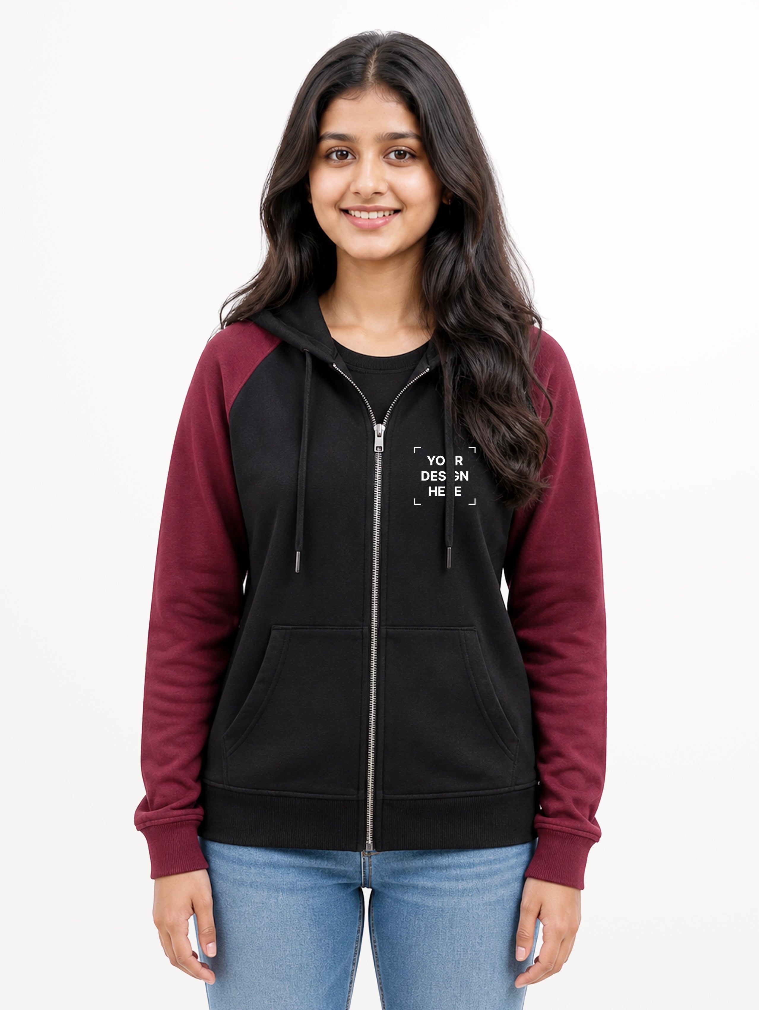 Women's Raglan Sleeve Cotton Zipper Hoodie - Black