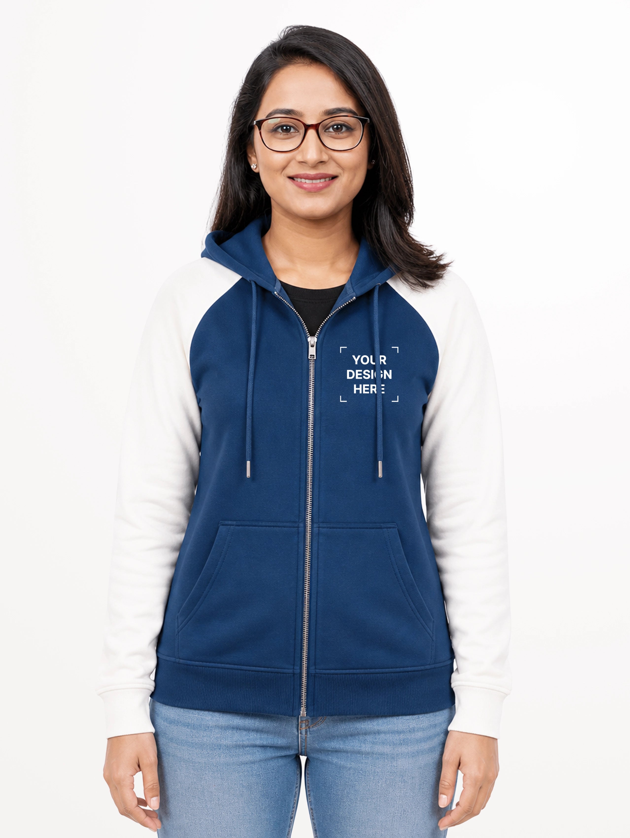 Women's Raglan Sleeve Cotton Zipper Hoodie - Diesel Blue