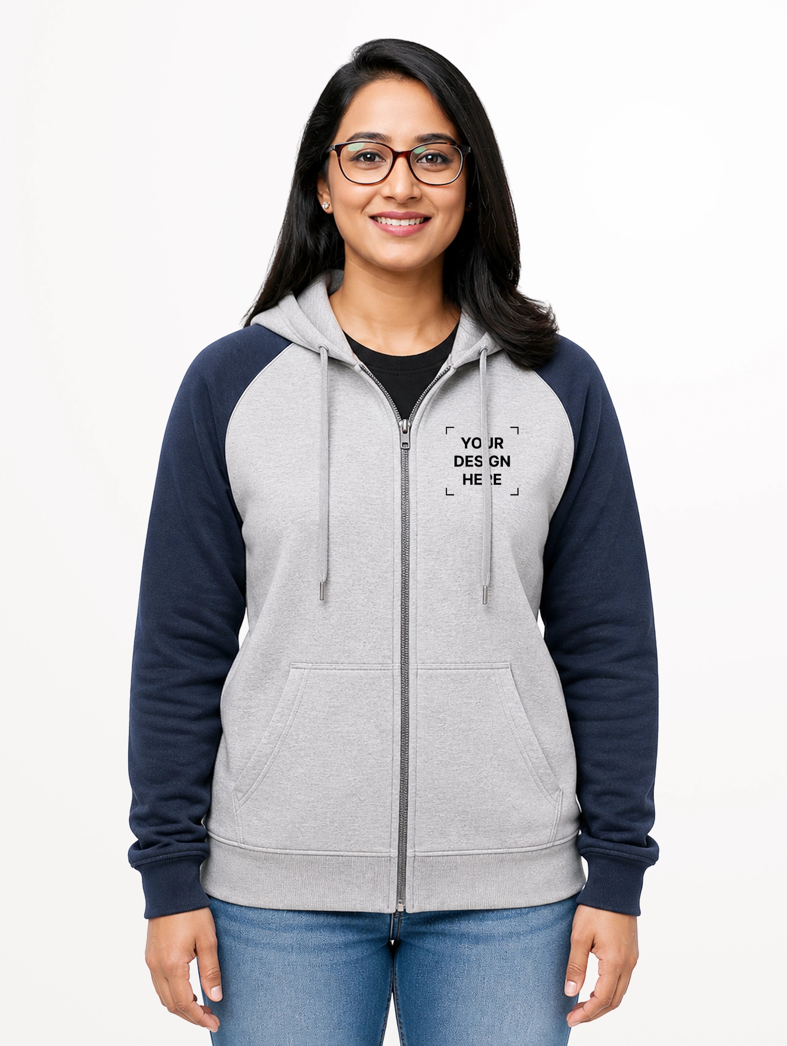 Women's Raglan Sleeve Cotton Zipper Hoodie - Grey Melange