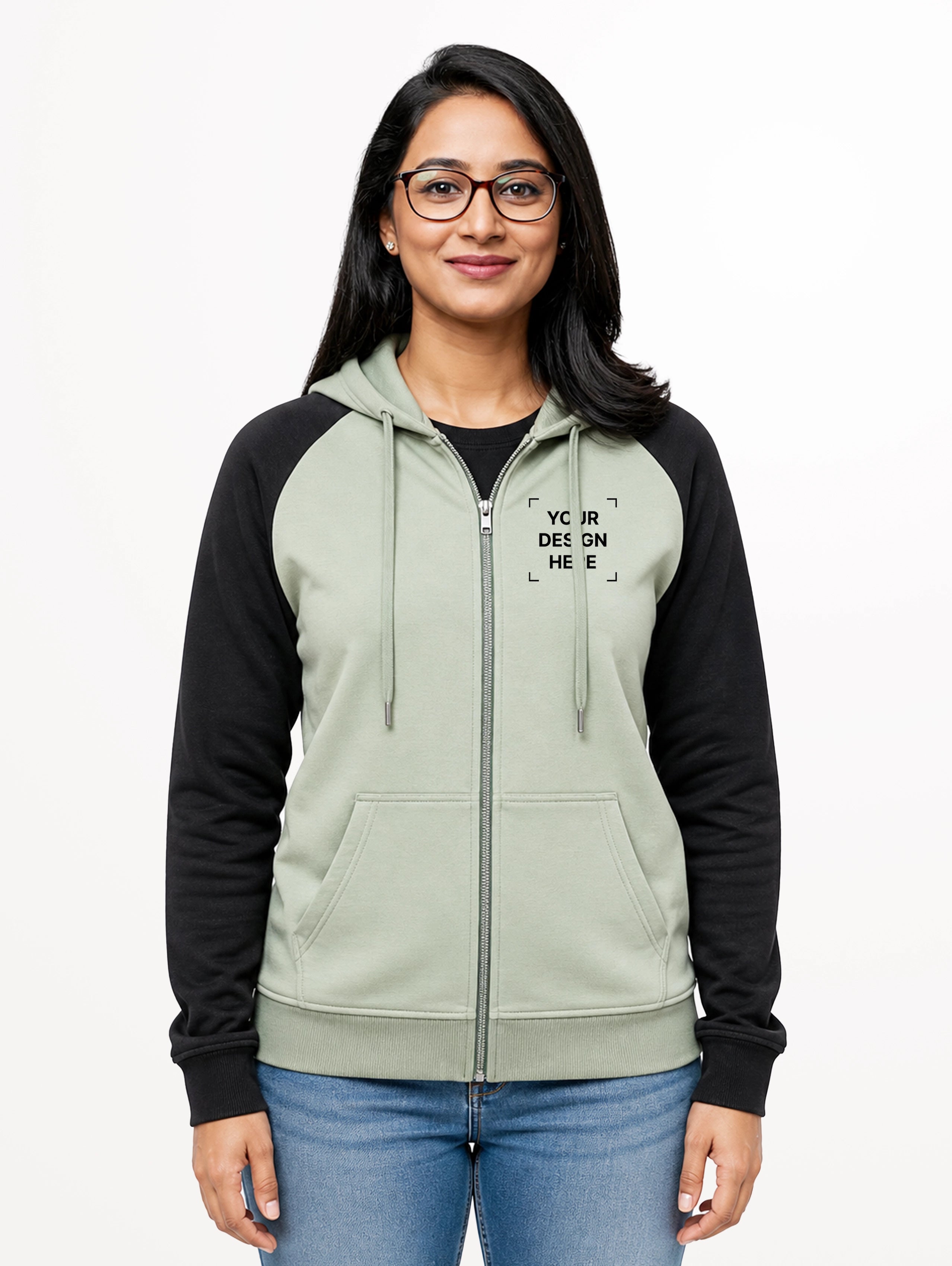 Women's Raglan Sleeve Cotton Zipper Hoodie - Light Green