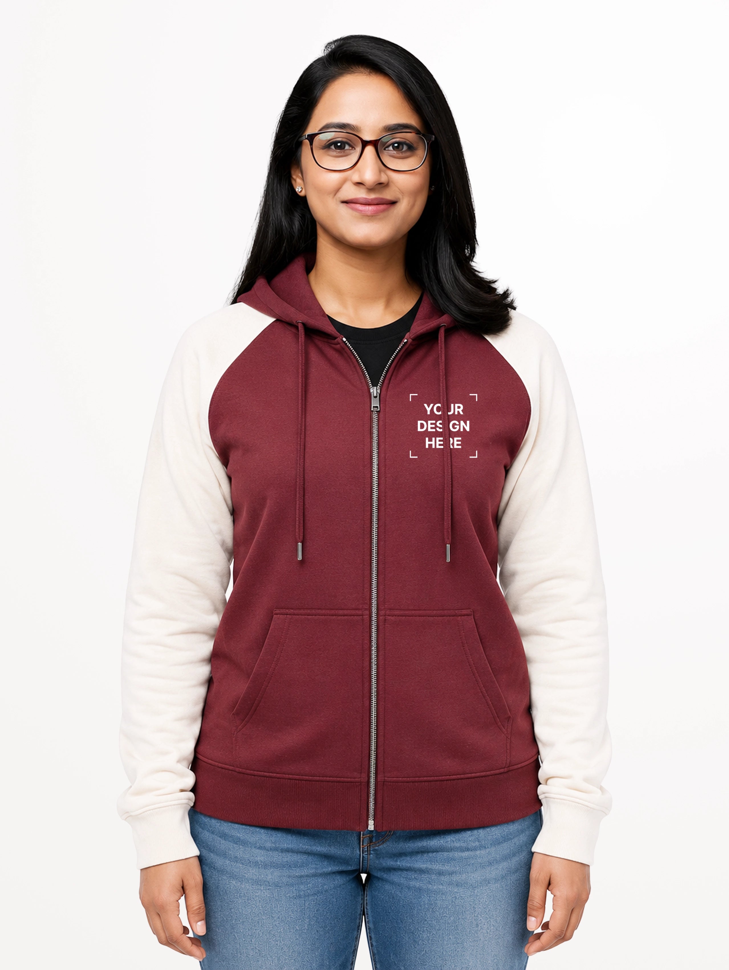 Women's Raglan Sleeve Cotton Zipper Hoodie - Maroon