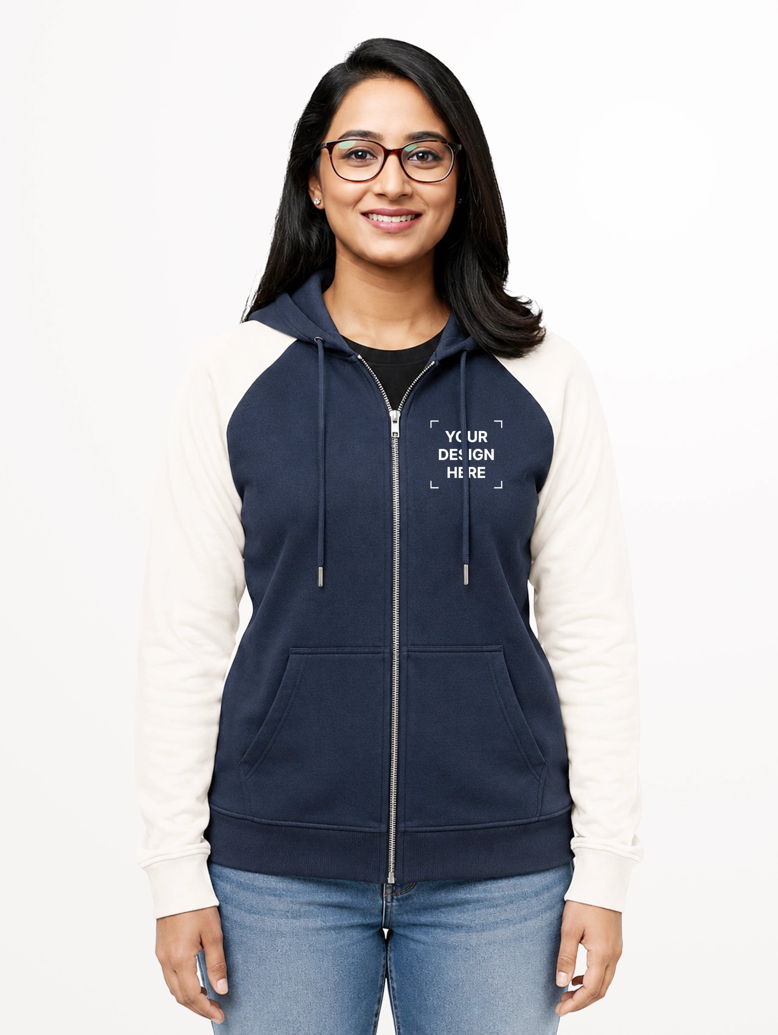 Women's Raglan Sleeve Cotton Zipper Hoodie - Navy