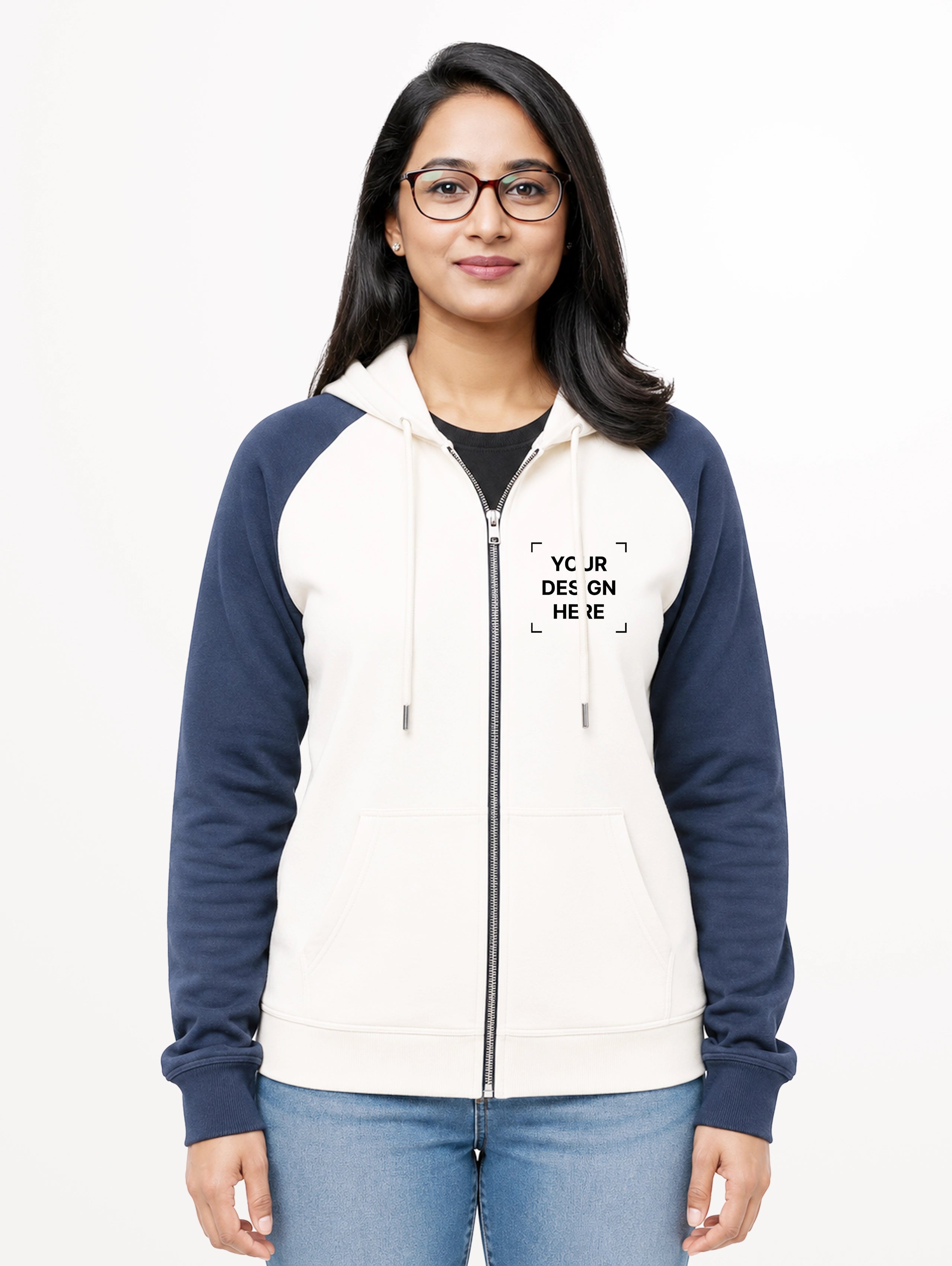 Women's Raglan Sleeve Cotton Zipper Hoodie - Off White