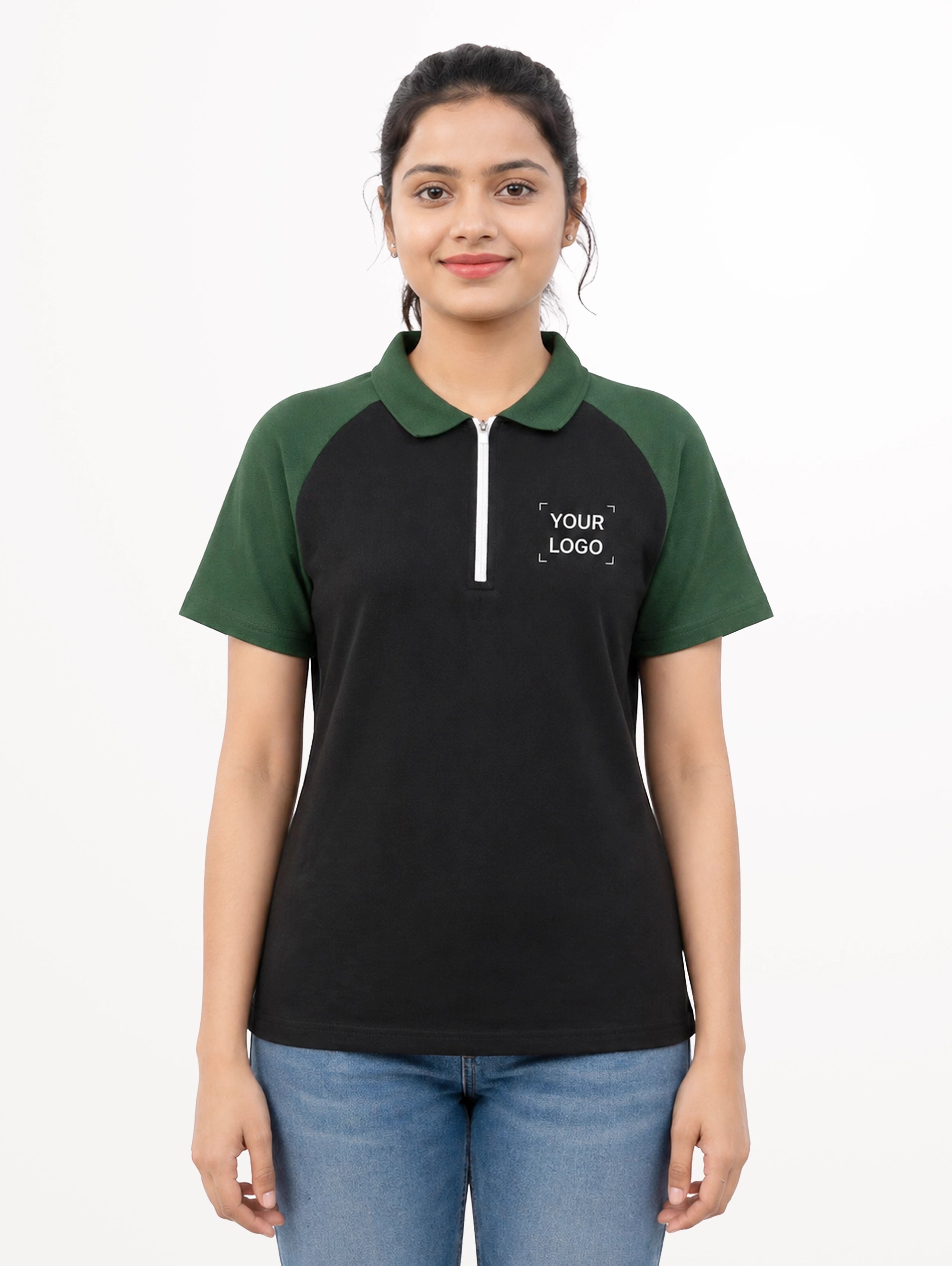 Women's Raglan Sleeve Cotton Zipper Polo - Black