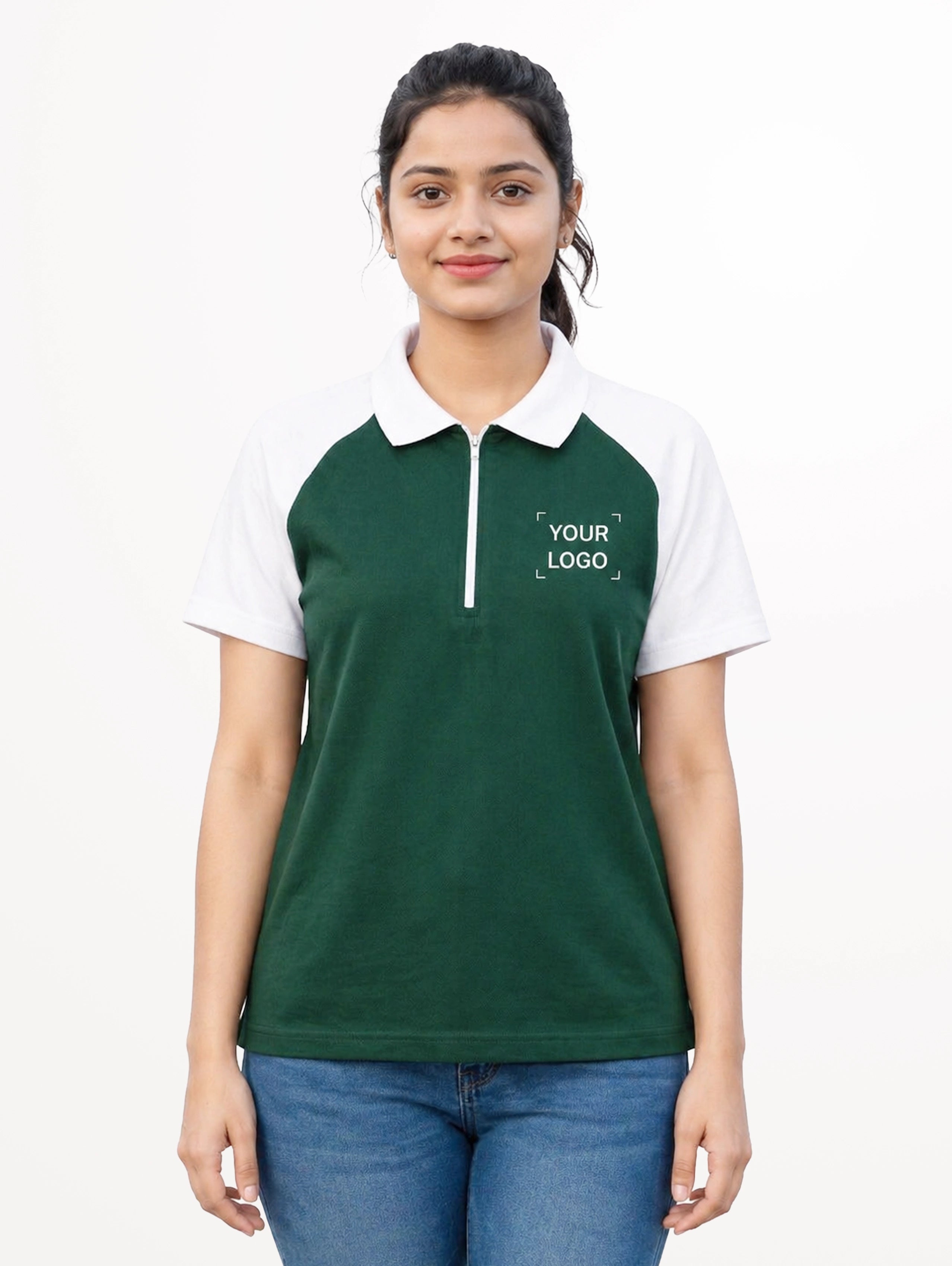 Women's Raglan Sleeve Cotton Zipper Polo - Bottle Green