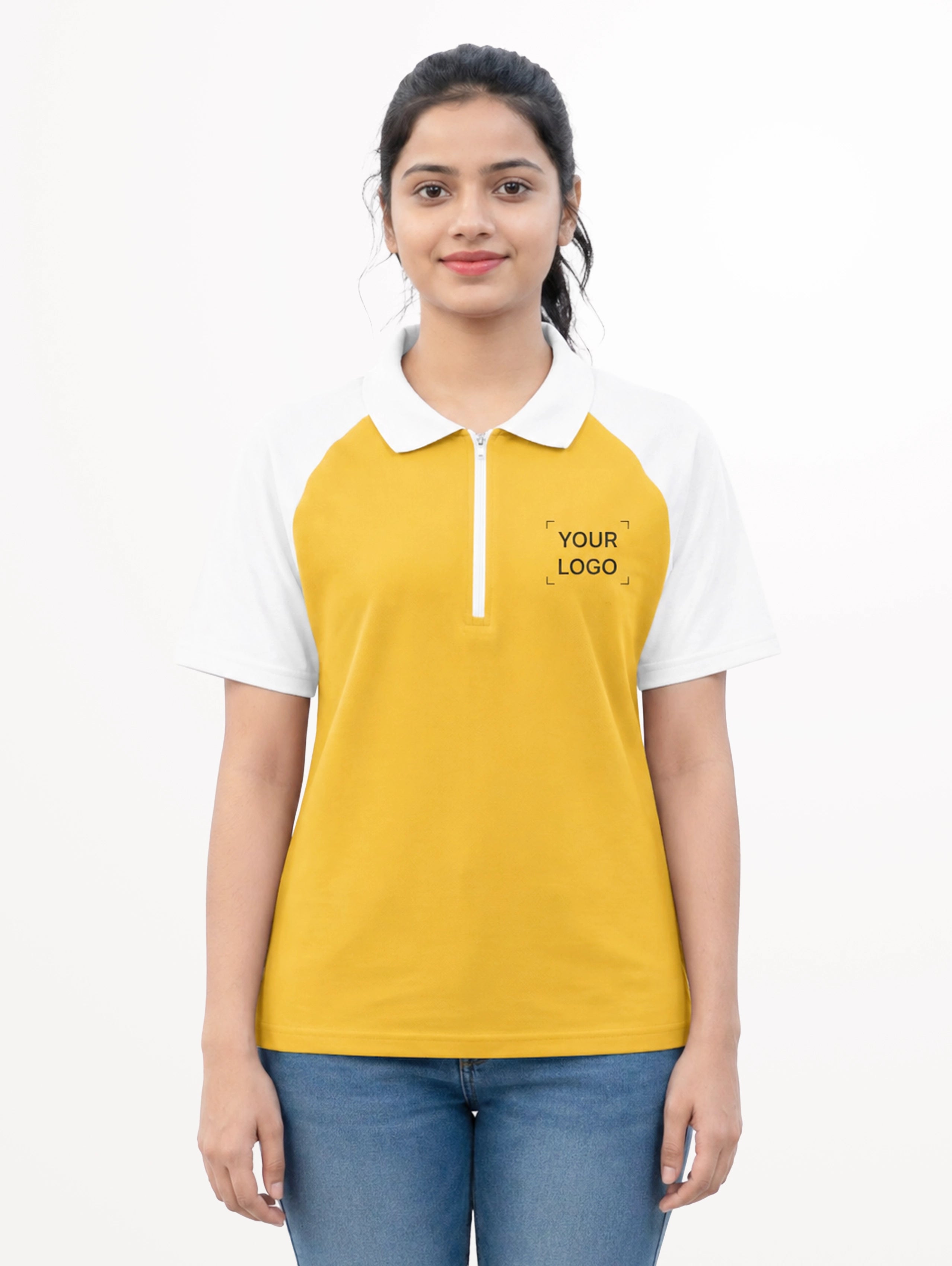 Women's Raglan Sleeve Cotton Zipper Polo - Mustard Yellow