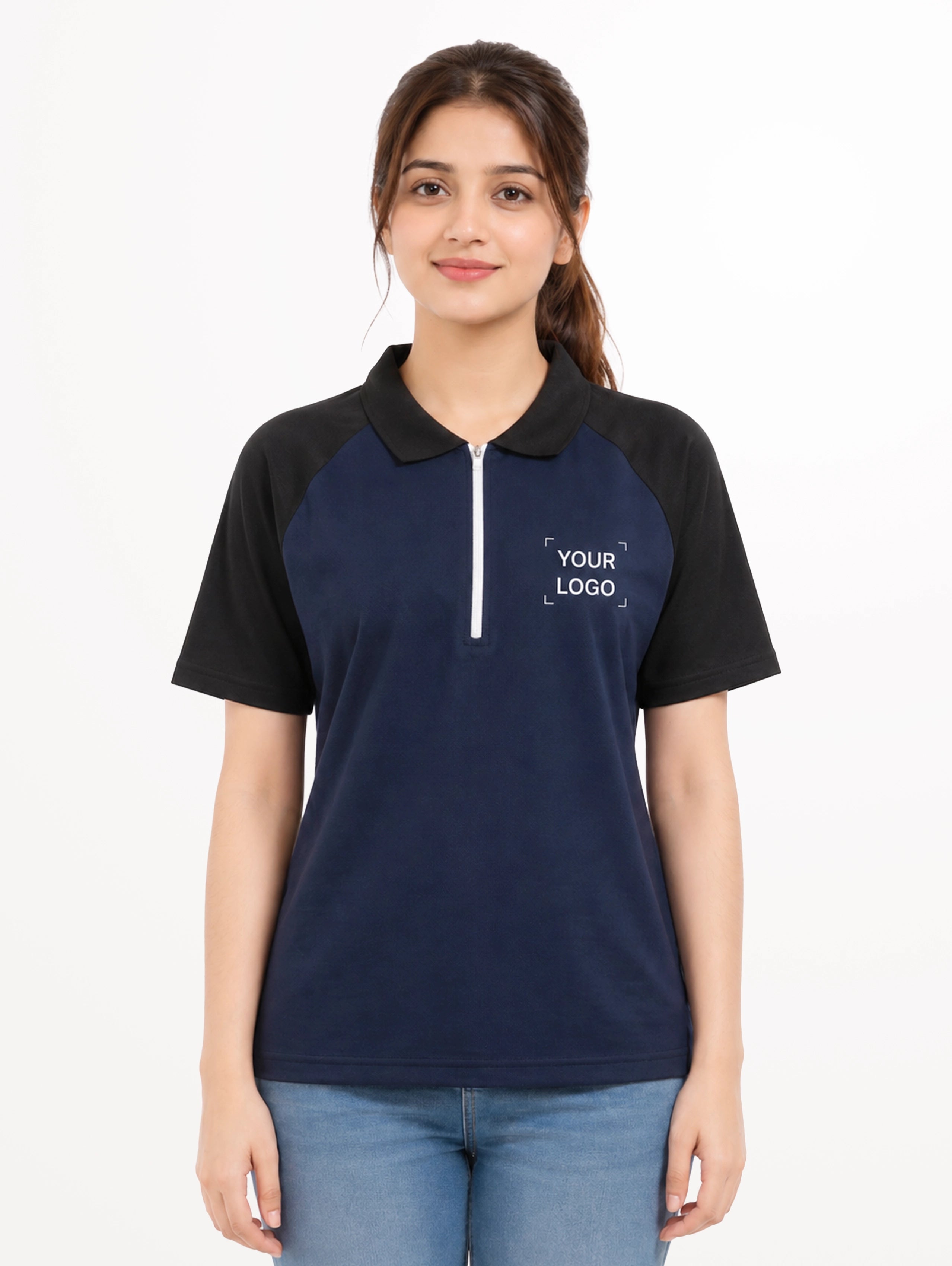Women's Raglan Sleeve Cotton Zipper Polo - Navy
