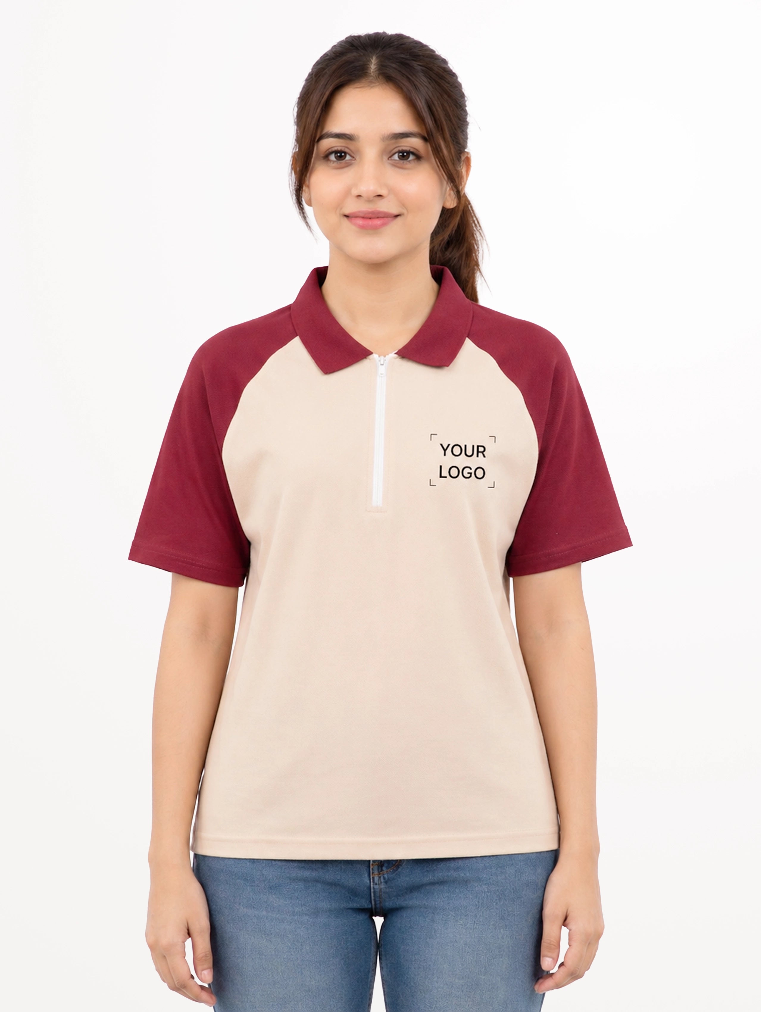 Women's Raglan Sleeve Cotton Zipper Polo - Skin