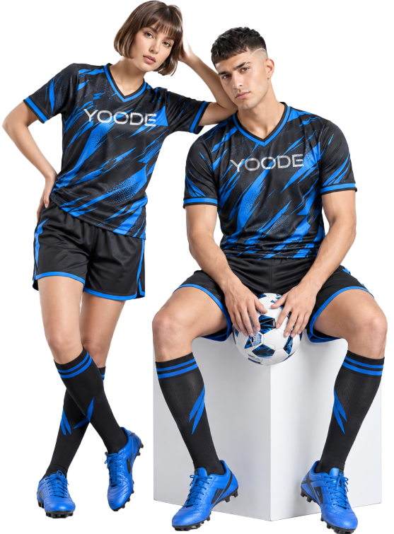 Two footballers wearing custom full-sublimation team jerseys