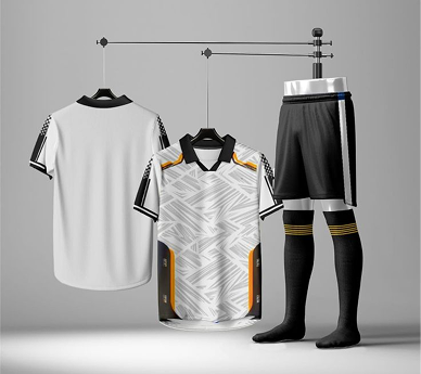 A custom kit displayed on a hanger and mannequin with shorts and socks