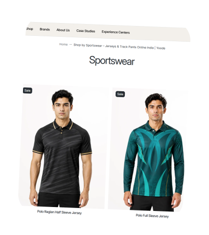 The Yoode online store showing two custom jersey styles ready to personalise