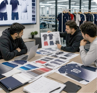 The Yoode design team reviewing kit layouts and fabric swatches together